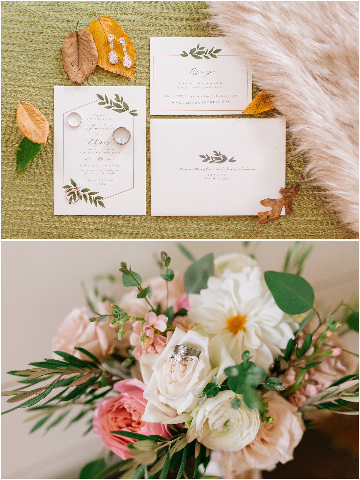 wedding invitation with fall leaves and bride's bouquet with wedding rings photographed by Chelsea Renay