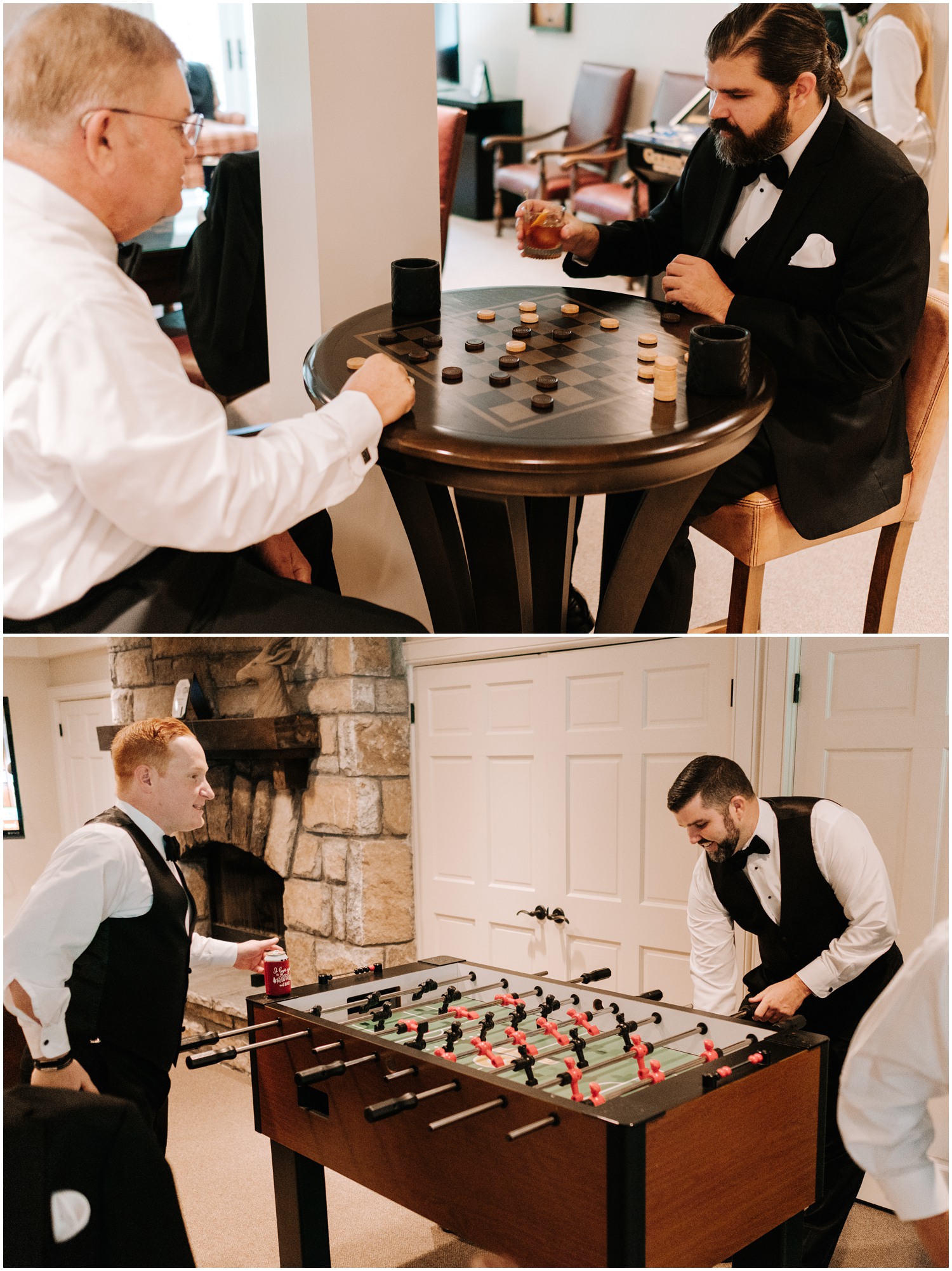 groomsmen play tabletop games before NC wedding