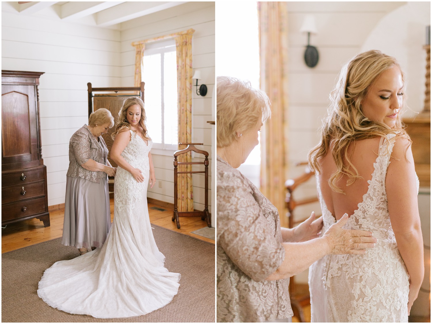 bride gets into wedding dress with mother in Highlands NC