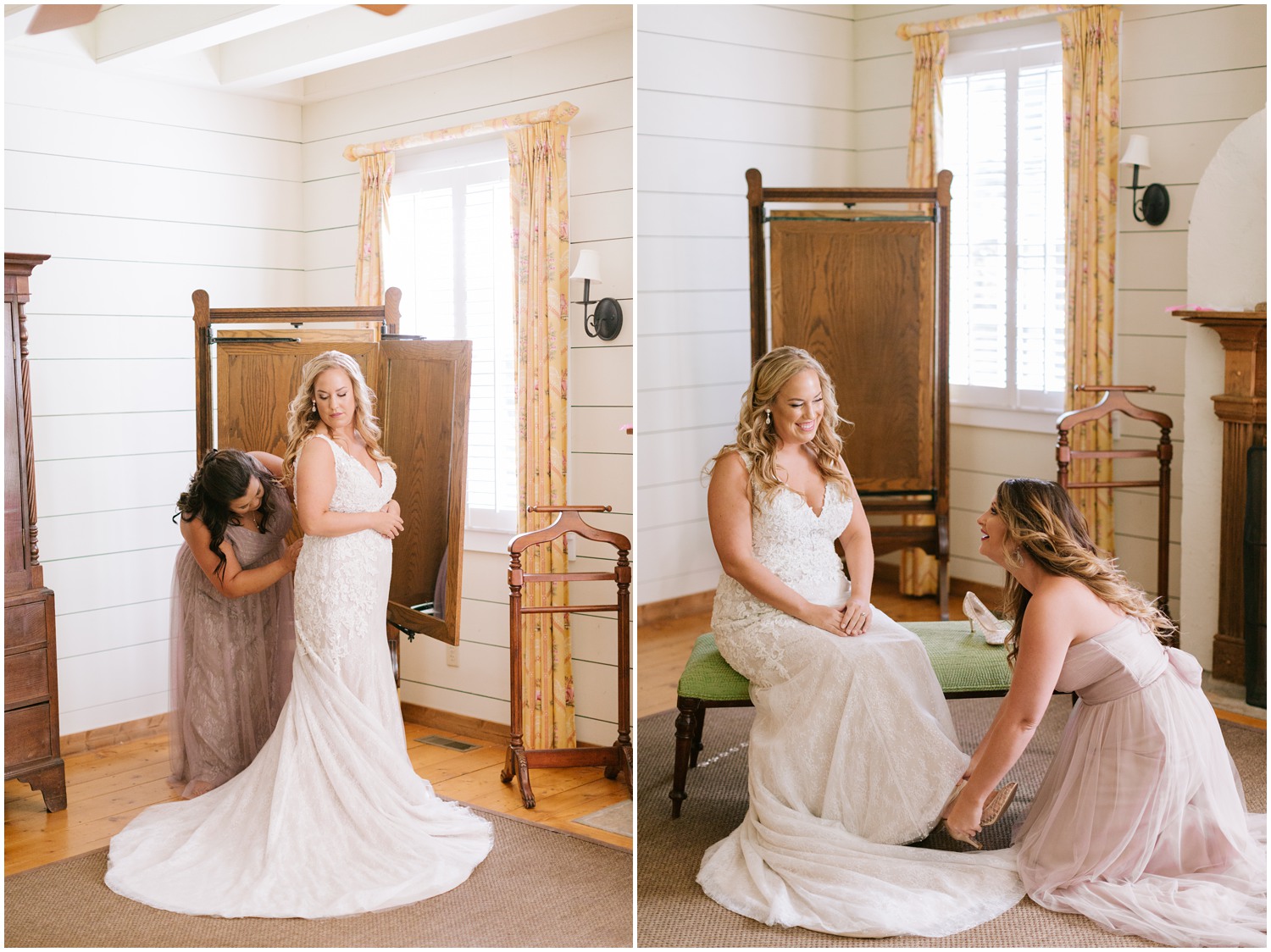 bridesmaid adjust wedding dress and helps bride with shoes on wedding day