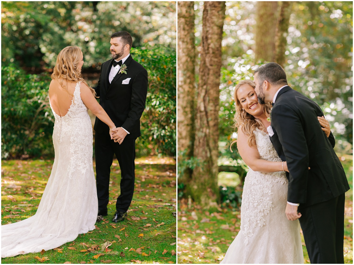 groom kisses bride during first look in Highlands NC