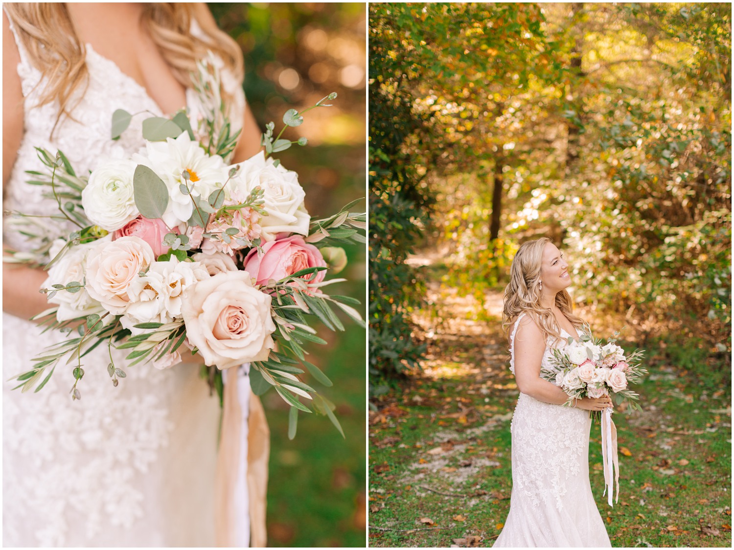 bride holds peach and pink wedding bouquet for bridal portraits at Old Edwards Inn