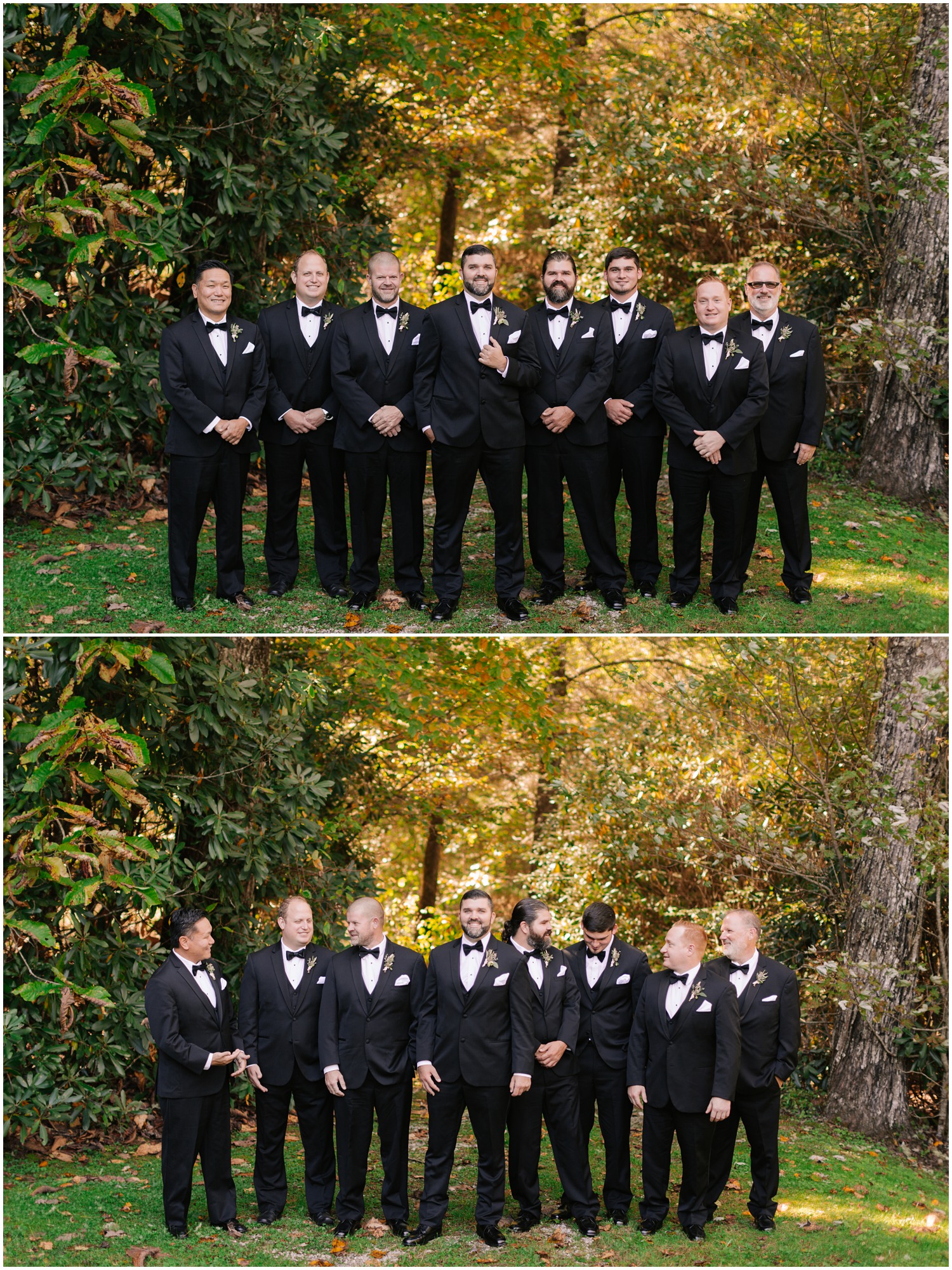 groom poses with 7 groomsmen in classic tuxes