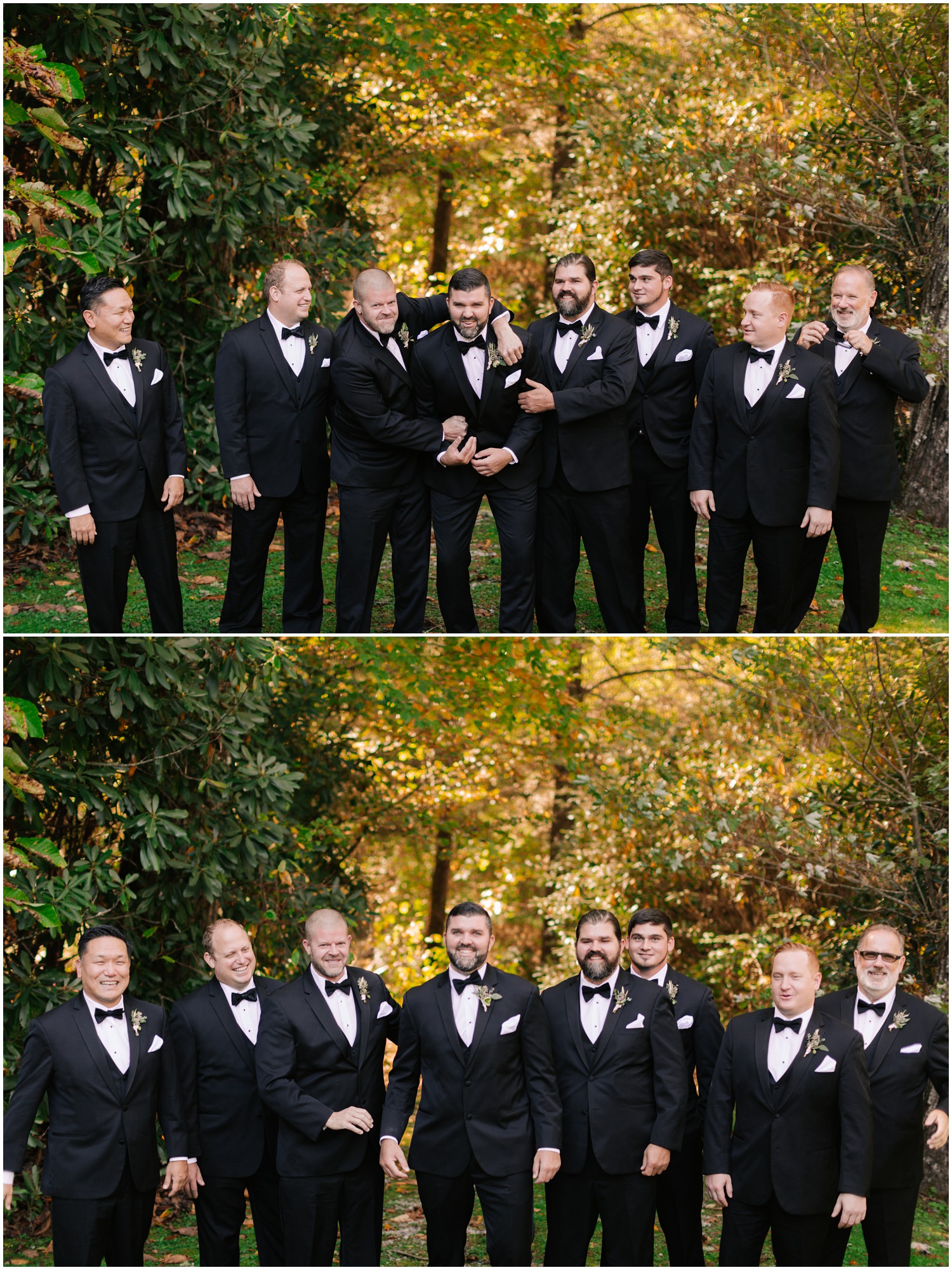 groomsmen wrestle with groom during portraits in classic tuxes