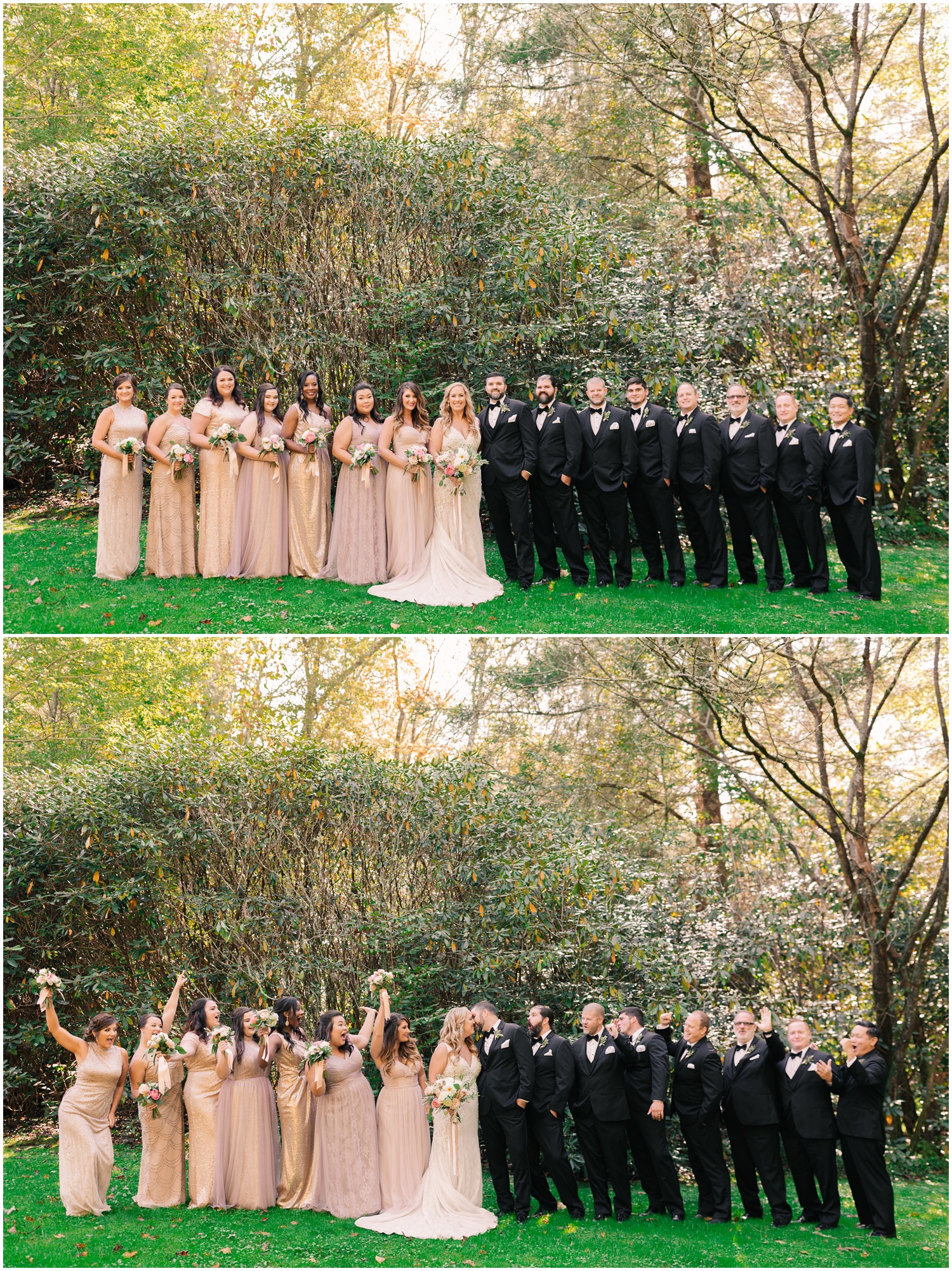 fall bridal party portraits with bridesmaids in pink and rose gold gowns and groomsmen in black suits