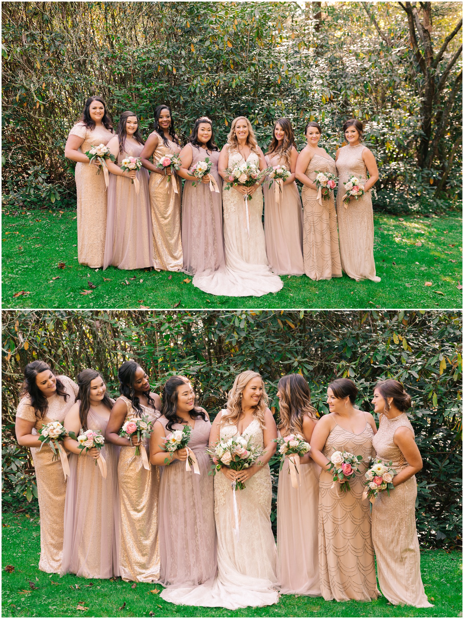 bridesmaids in mis-matched gowns in pinks, rose golds, and champagne colors smile at bride