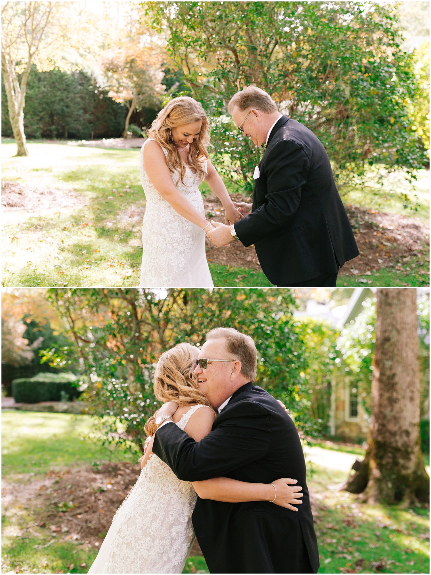 dad hugs bride during first look in Highlands NC