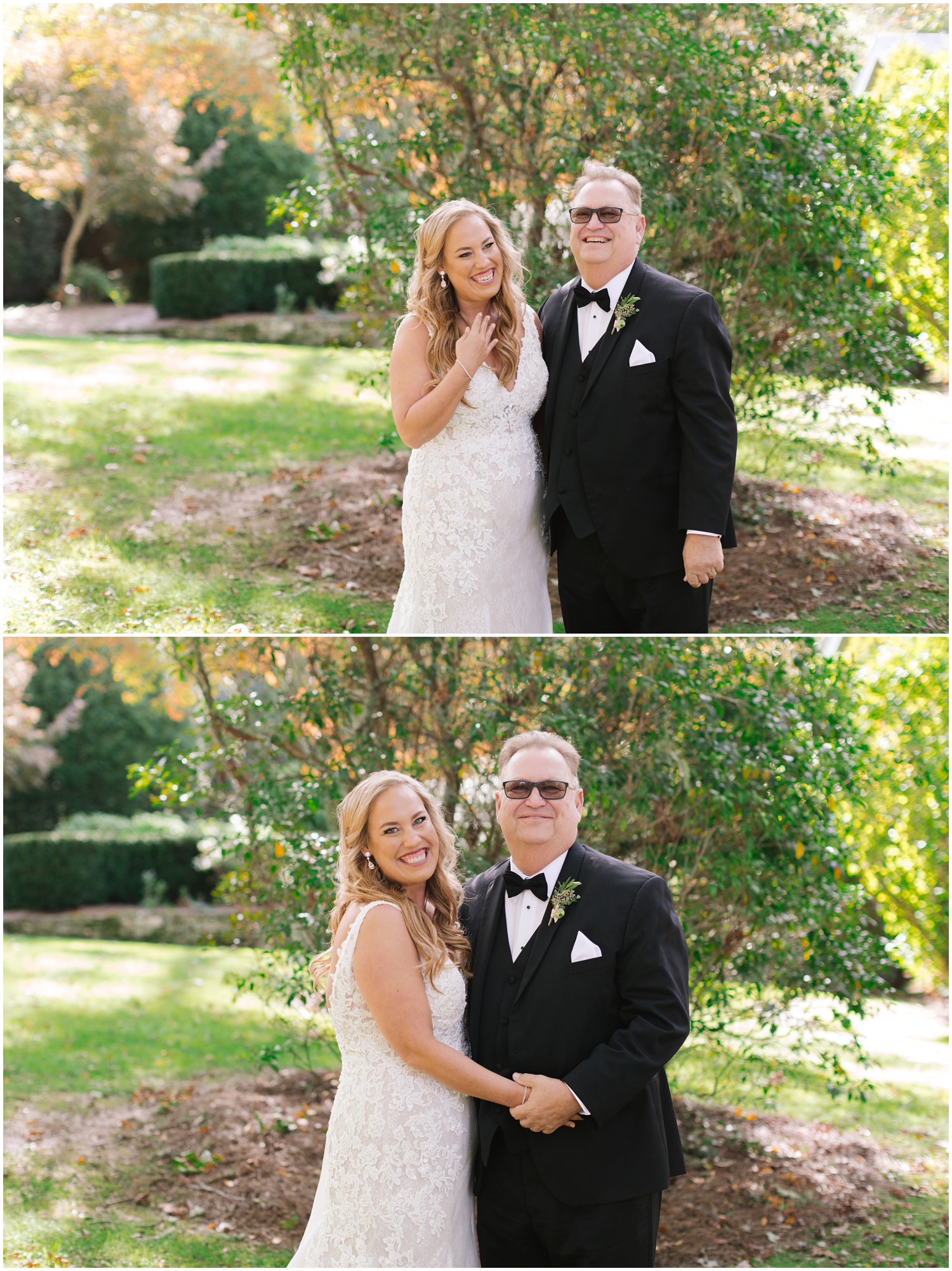 bride and dad laugh during portraits for Old Edwards Inn wedding