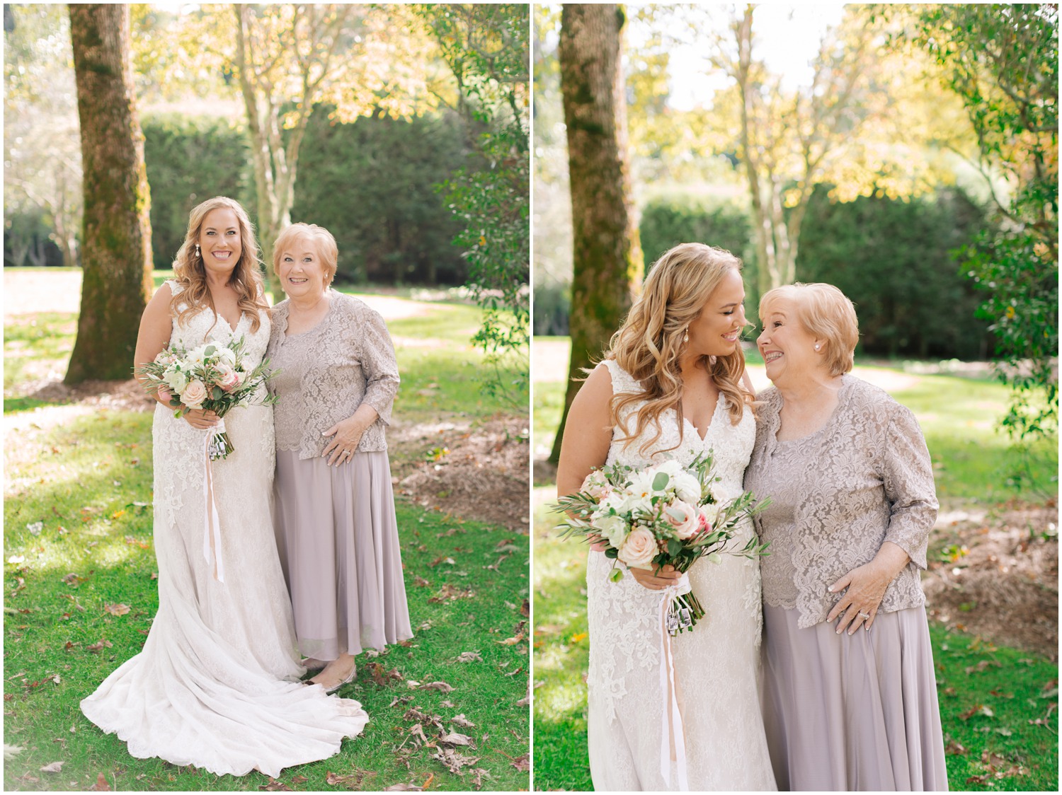 mother of bride smiles with bride during family photos in Highlands NC
