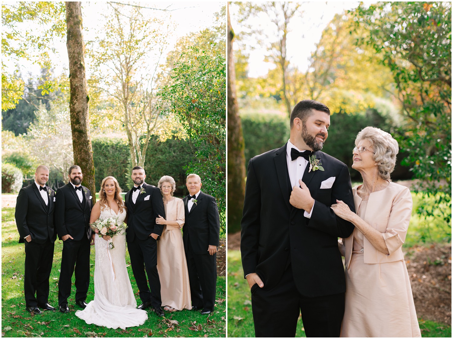 groom's family poses for NC wedding day portraits