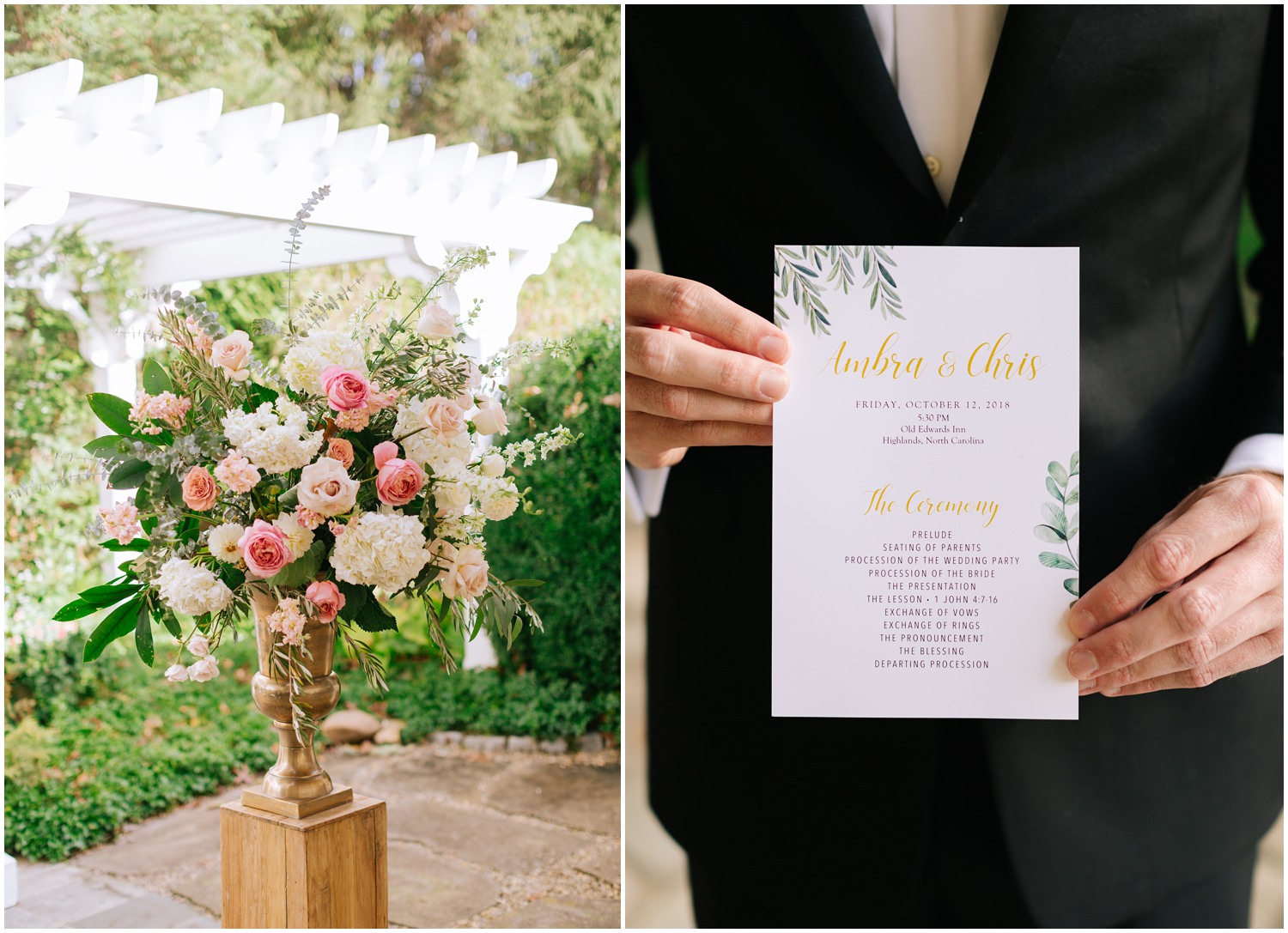 pink, gold, and green floral arrangement for Old Edwards Inn wedding ceremony
