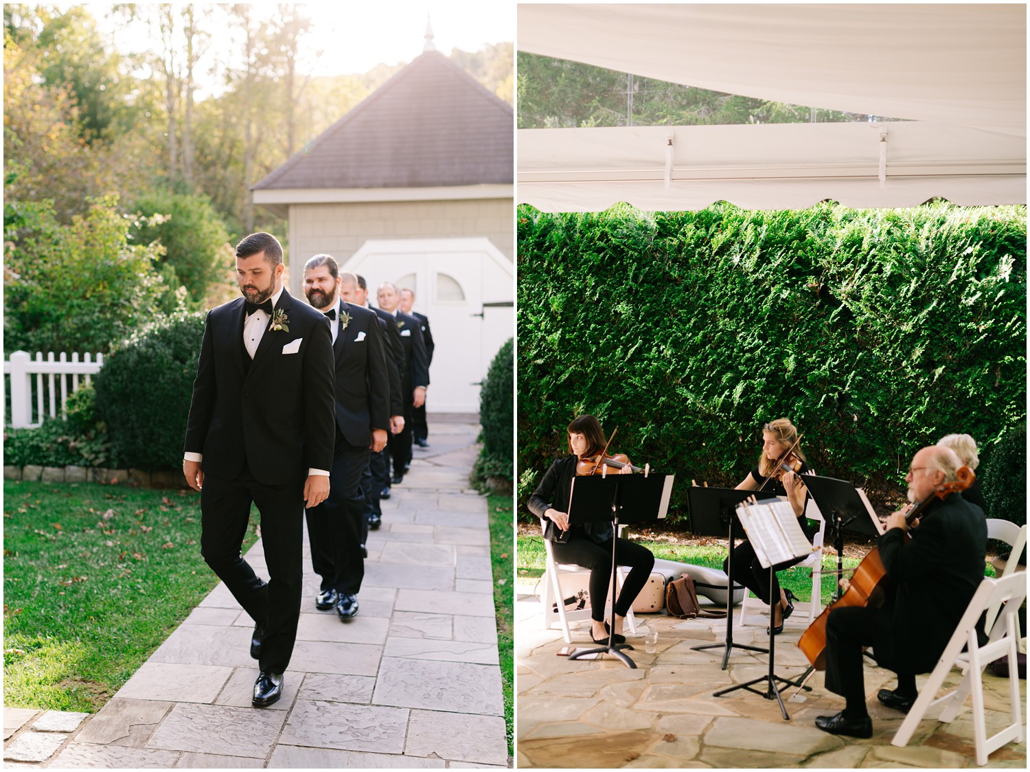 string quartet plays while groom and groomsmen enter ceremony