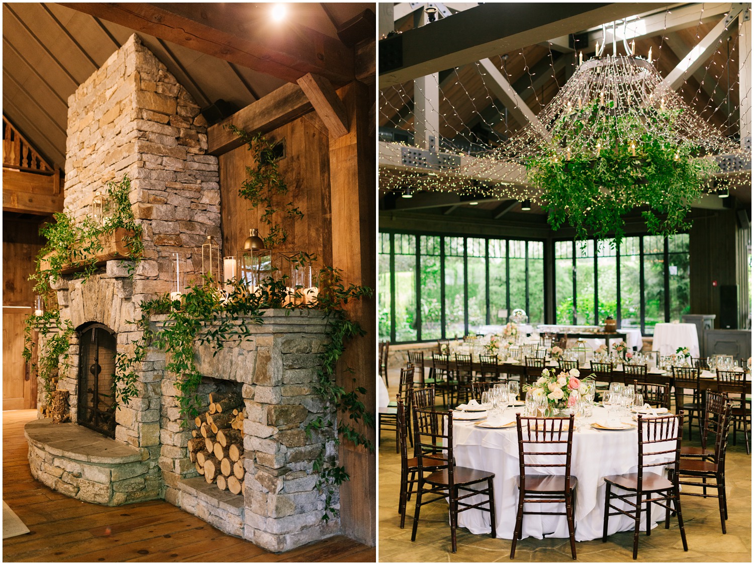 wedding reception with greenery and hanging lights at Old Edwards Inn