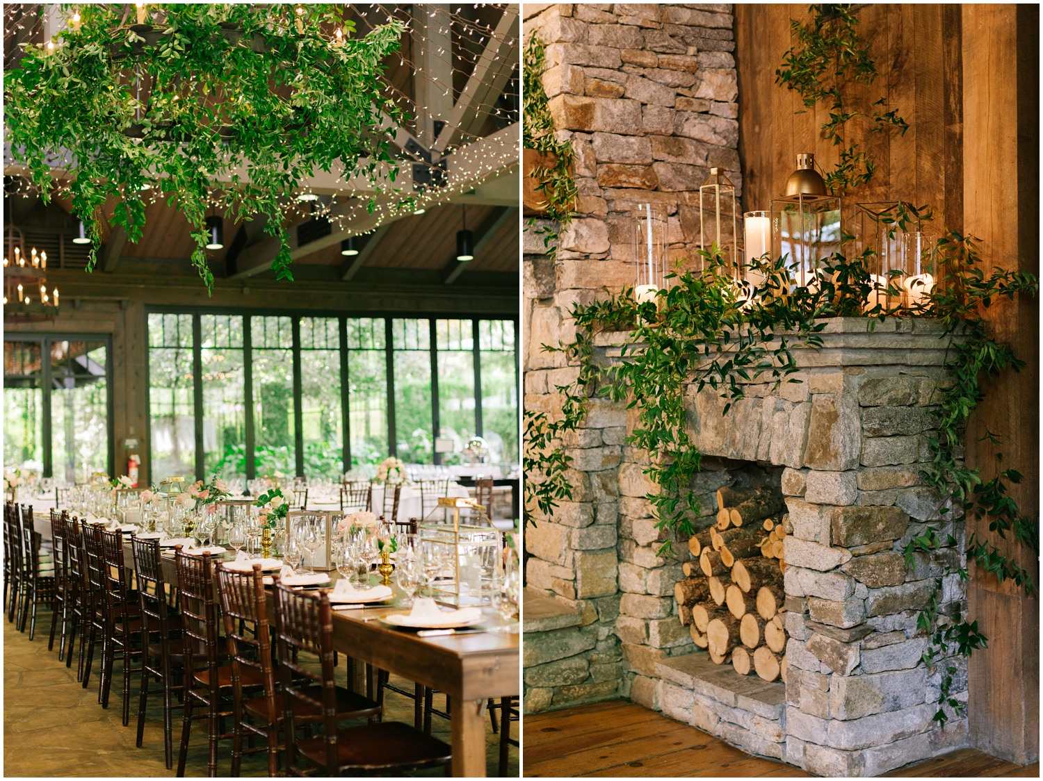 Wedding reception details with greenery and gold at Old Edwards Inn