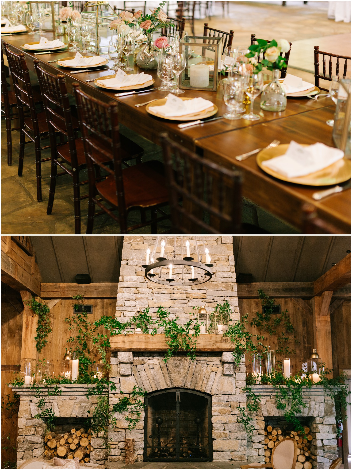wedding reception with rustic green and gold details in Highlands NC