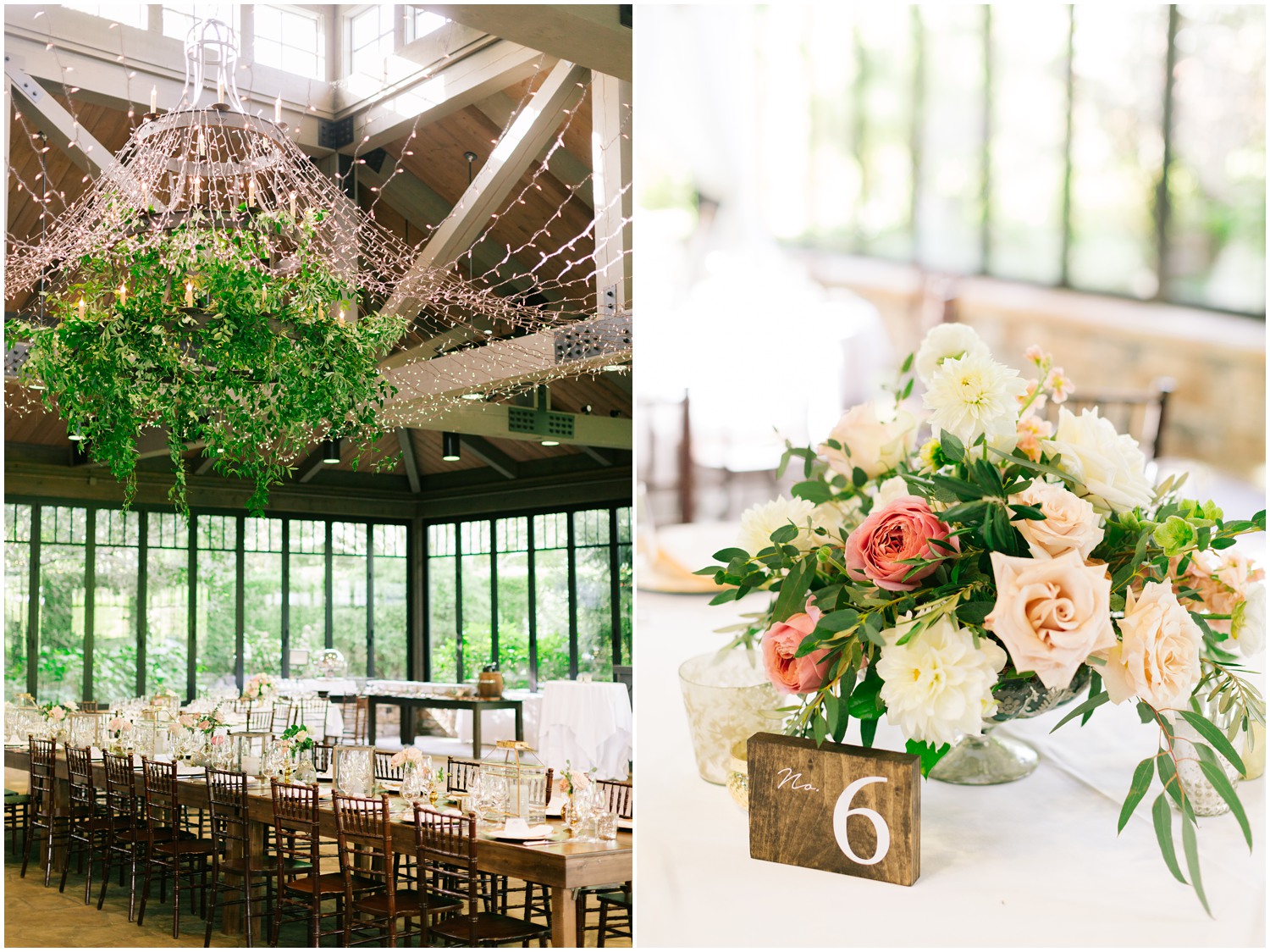 Wedding reception with green, ivory, and pink details at Old Edwards Inn