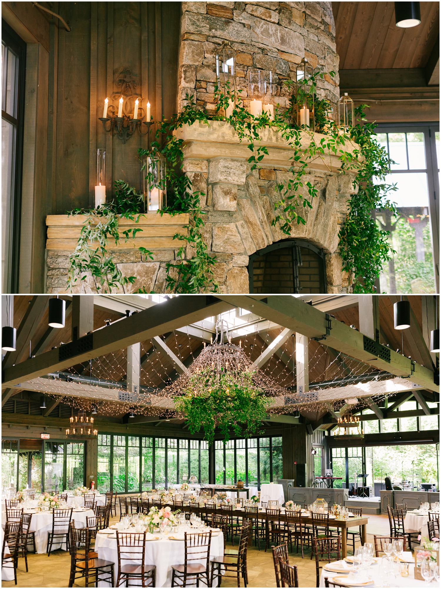 wedding reception details with fireplace and white candles at Old Edwards Inn