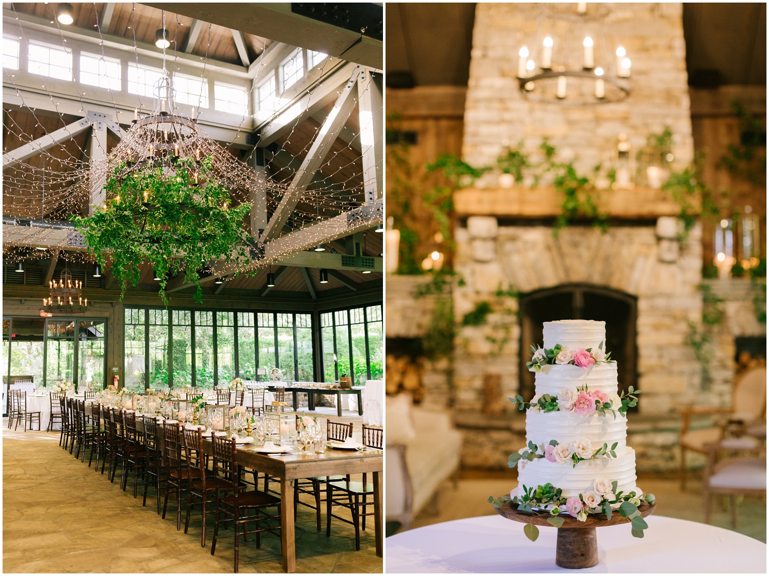 rustic wedding reception and tiered wedding cake with pink roses