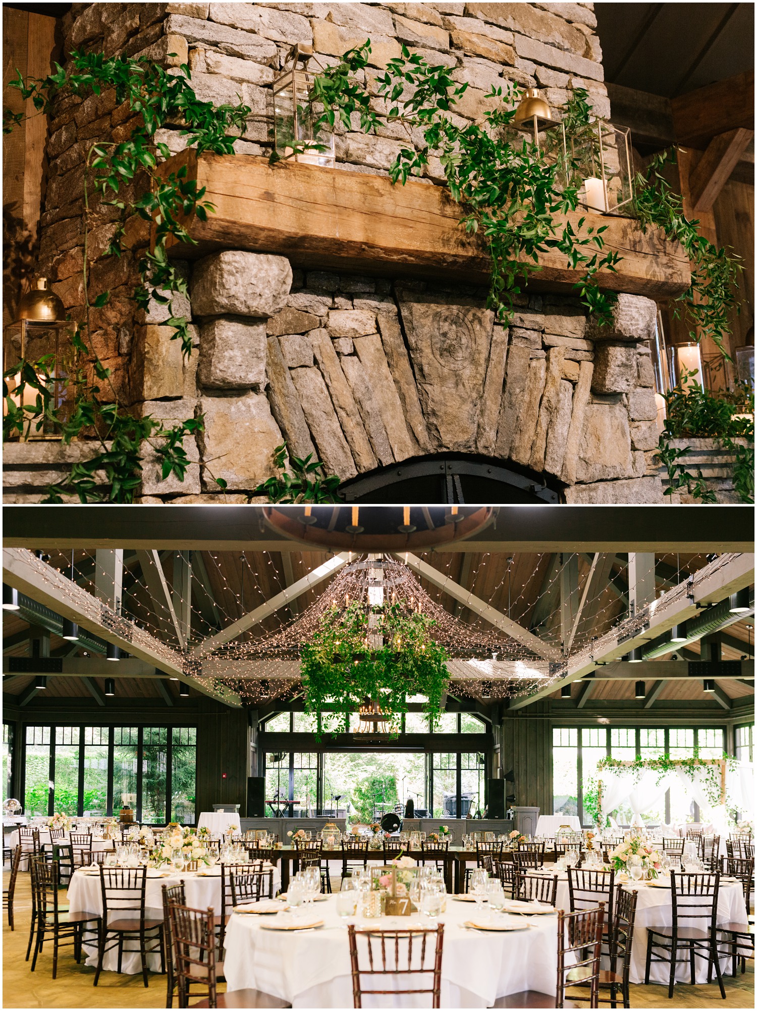 rustic wedding reception with hanging lights, greenery, and gold lanterns