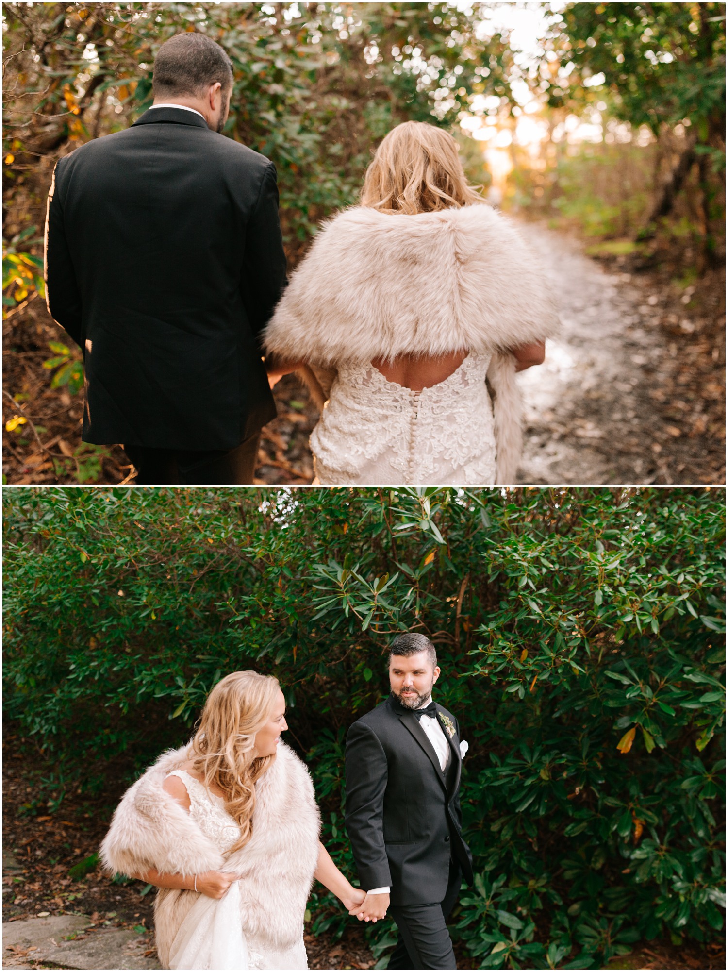 bride with white fur shawl walks with groom at Old Edwards Inn 
