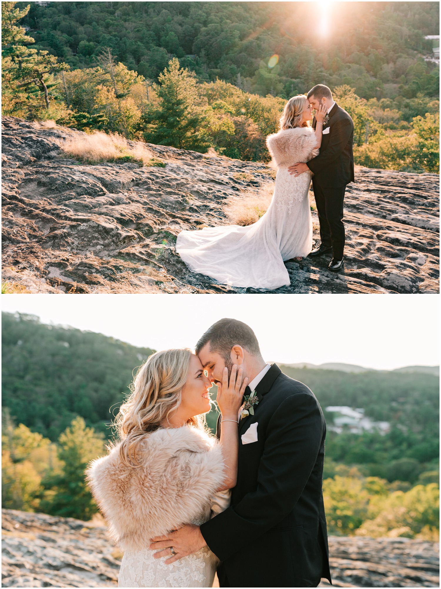 hilltop wedding portraits of bride with fur wrap and groom in tux
