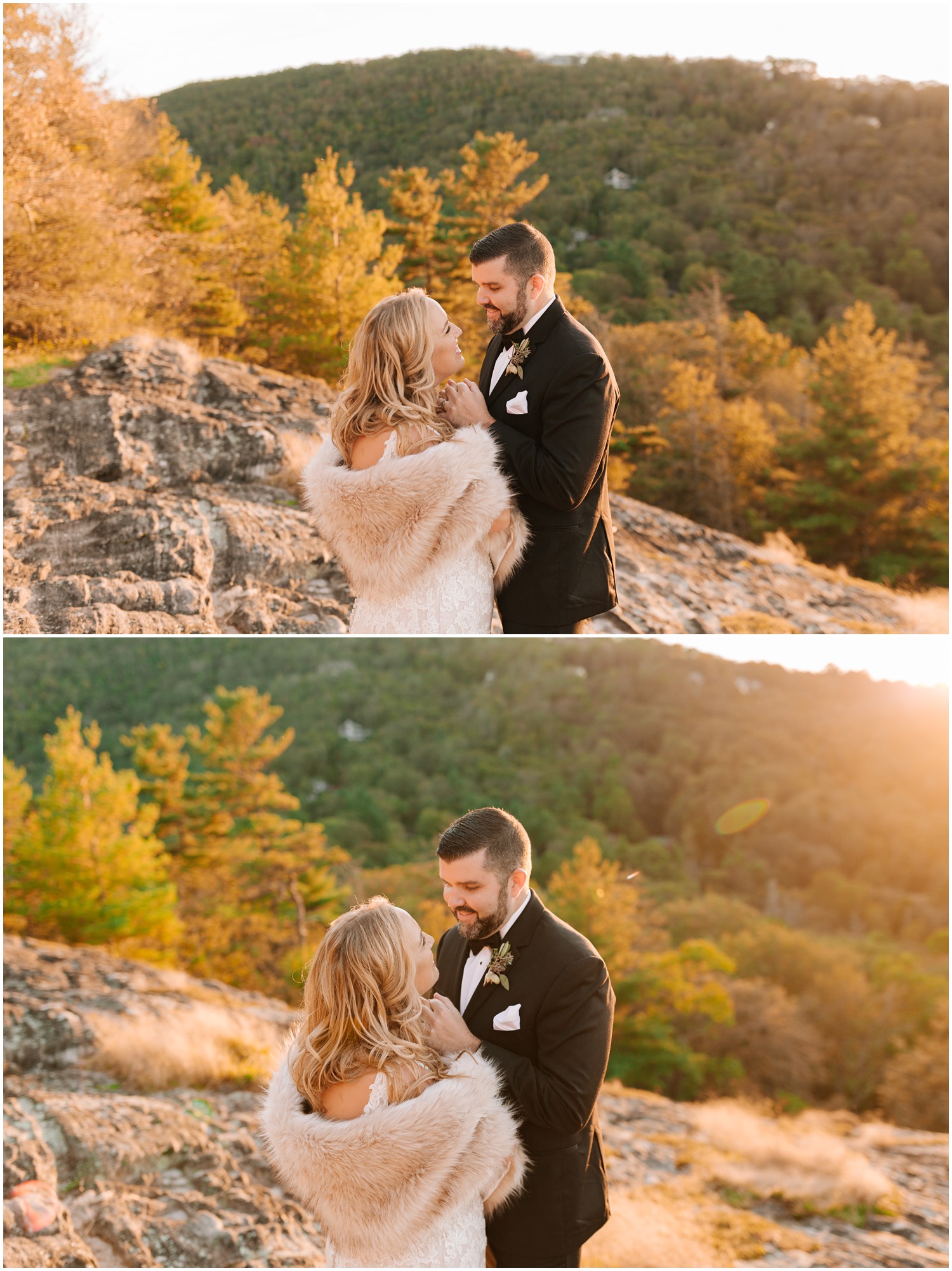 bride and groom pose on hilltop for Chelsea Renay during newlywed portraits 