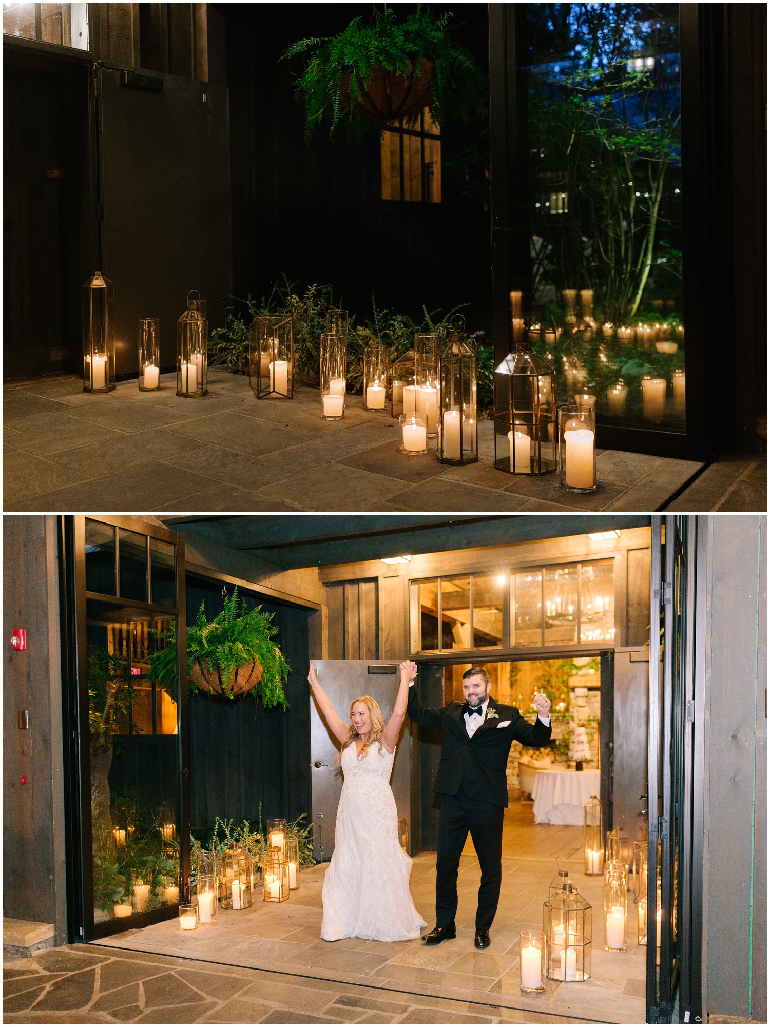 candles line entrance to reception as bride and groom walk into party 