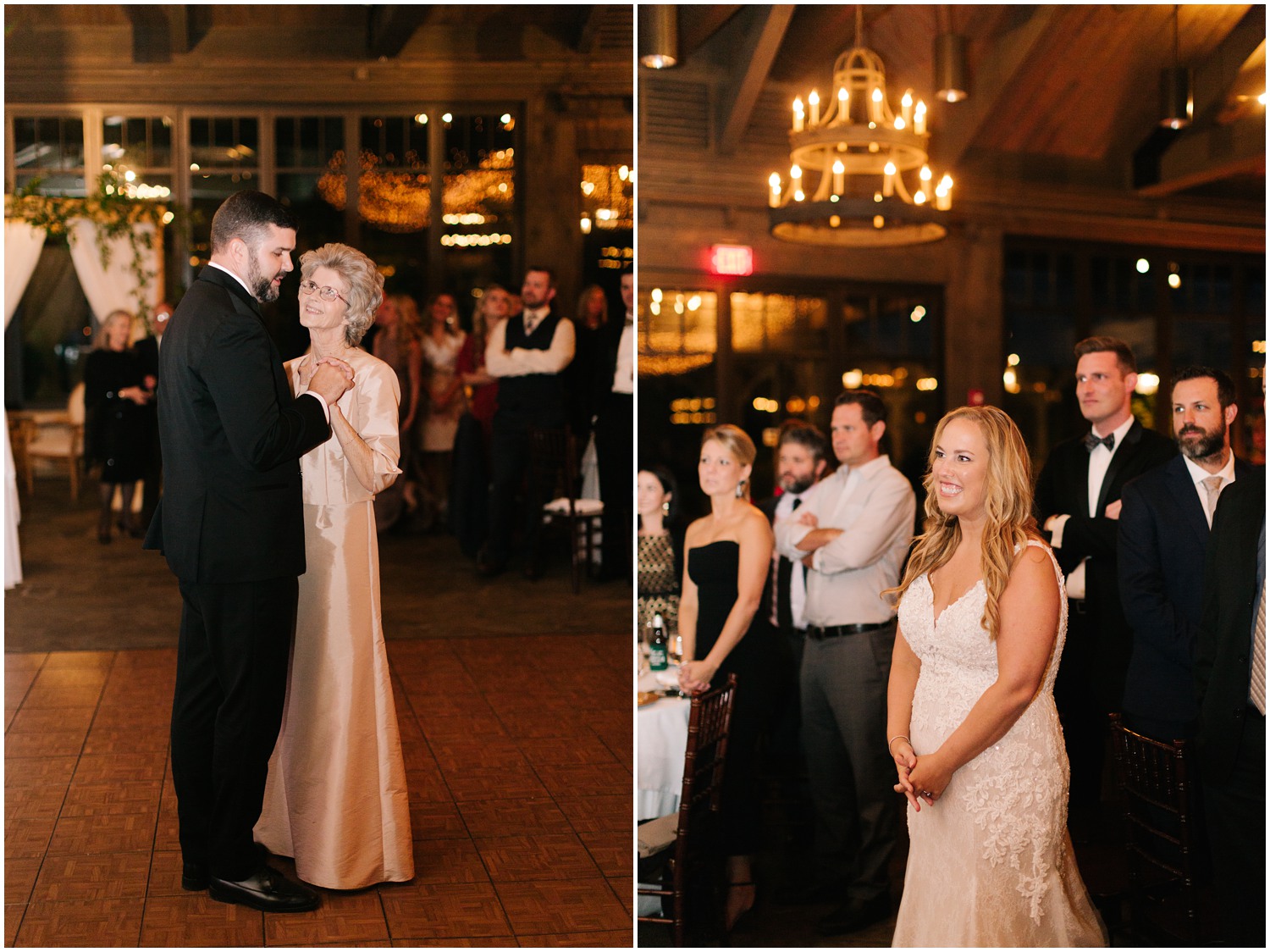 groom dances with mother while bride watches at Old Edwards Inn wedding reception