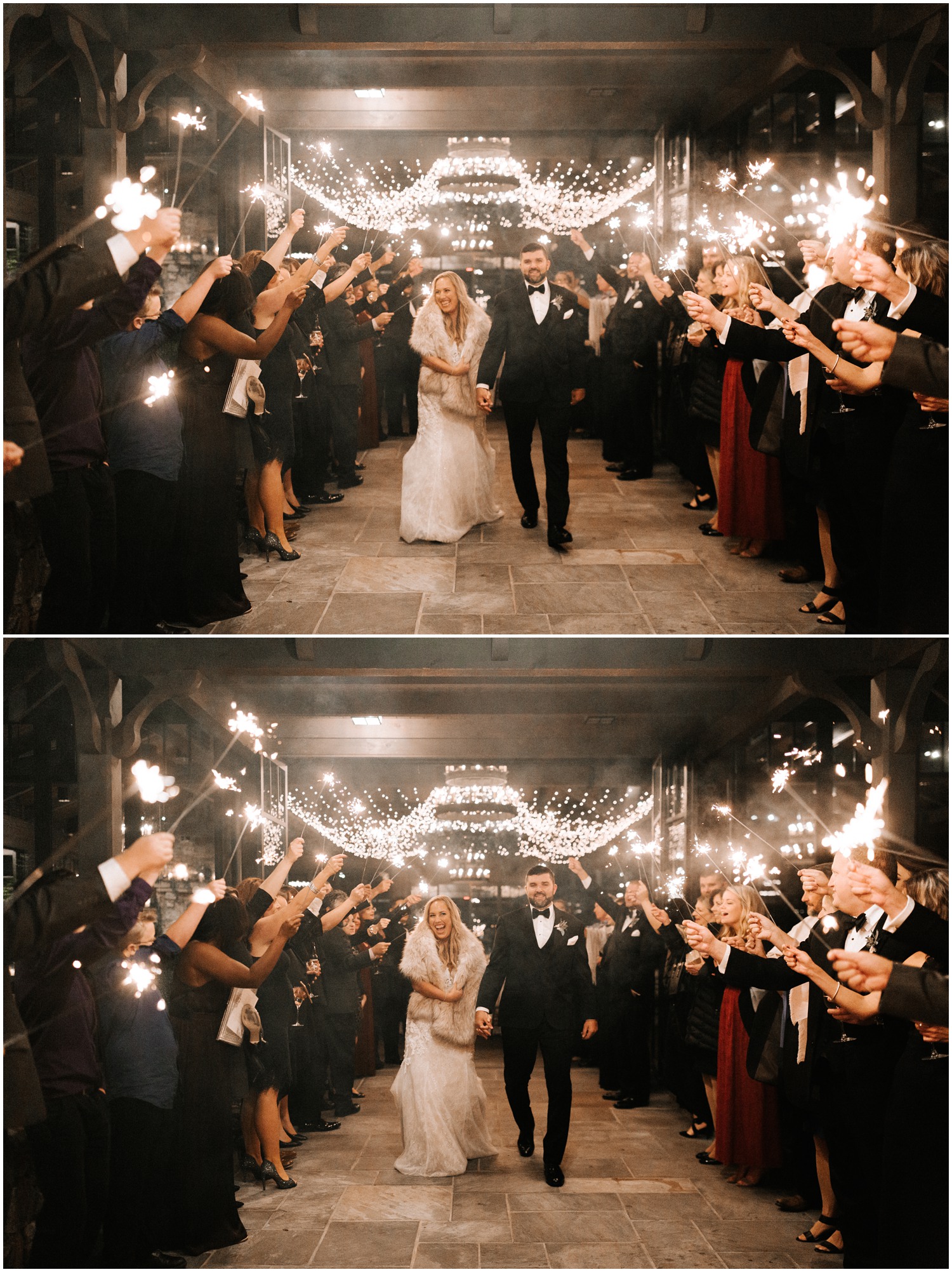 sparkler exit for bride in white fur and groom in tux from Old Edwards Inn