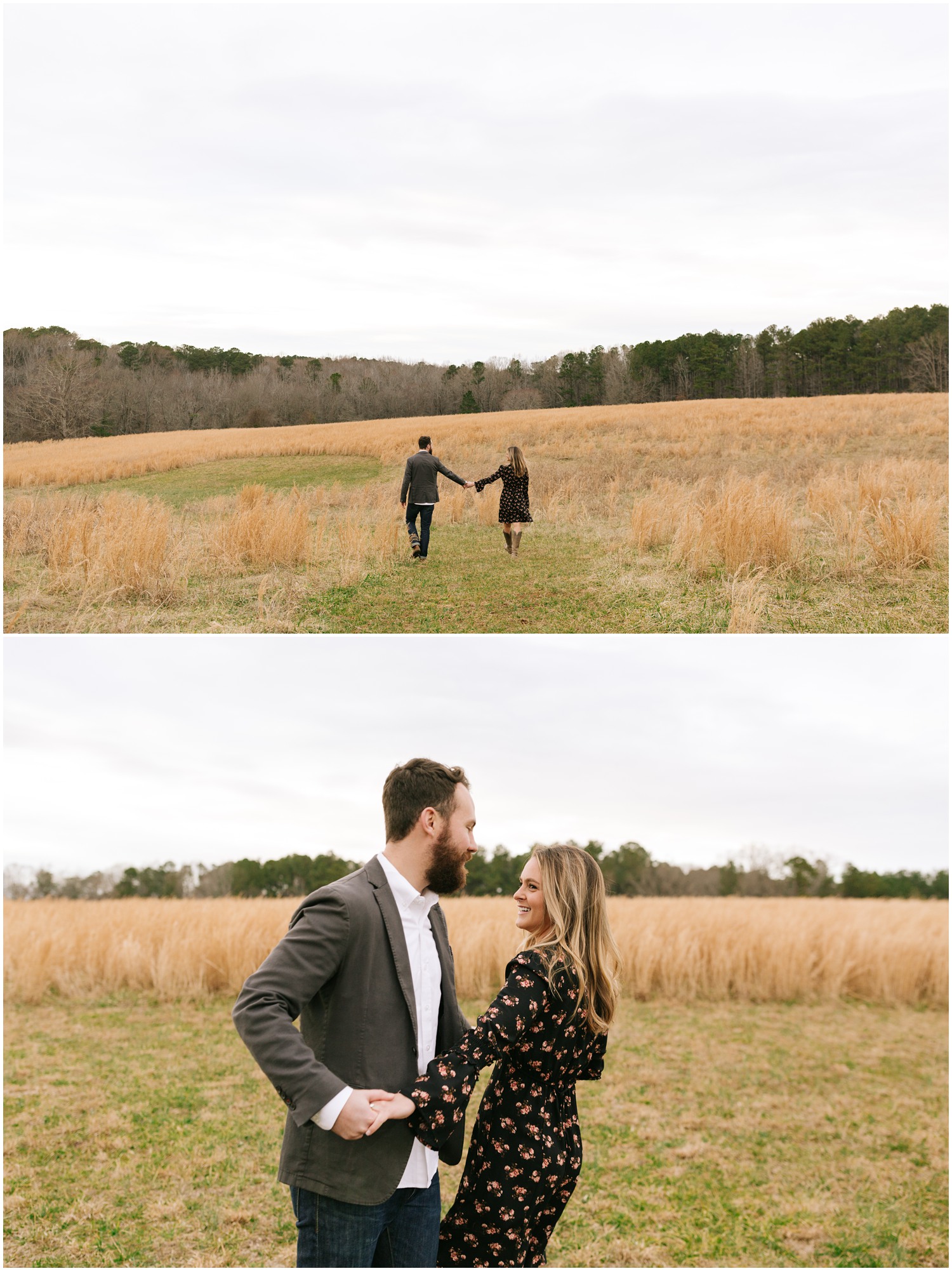 couple walks through field in North Carolina with Chelsea Renay during engagement portraits