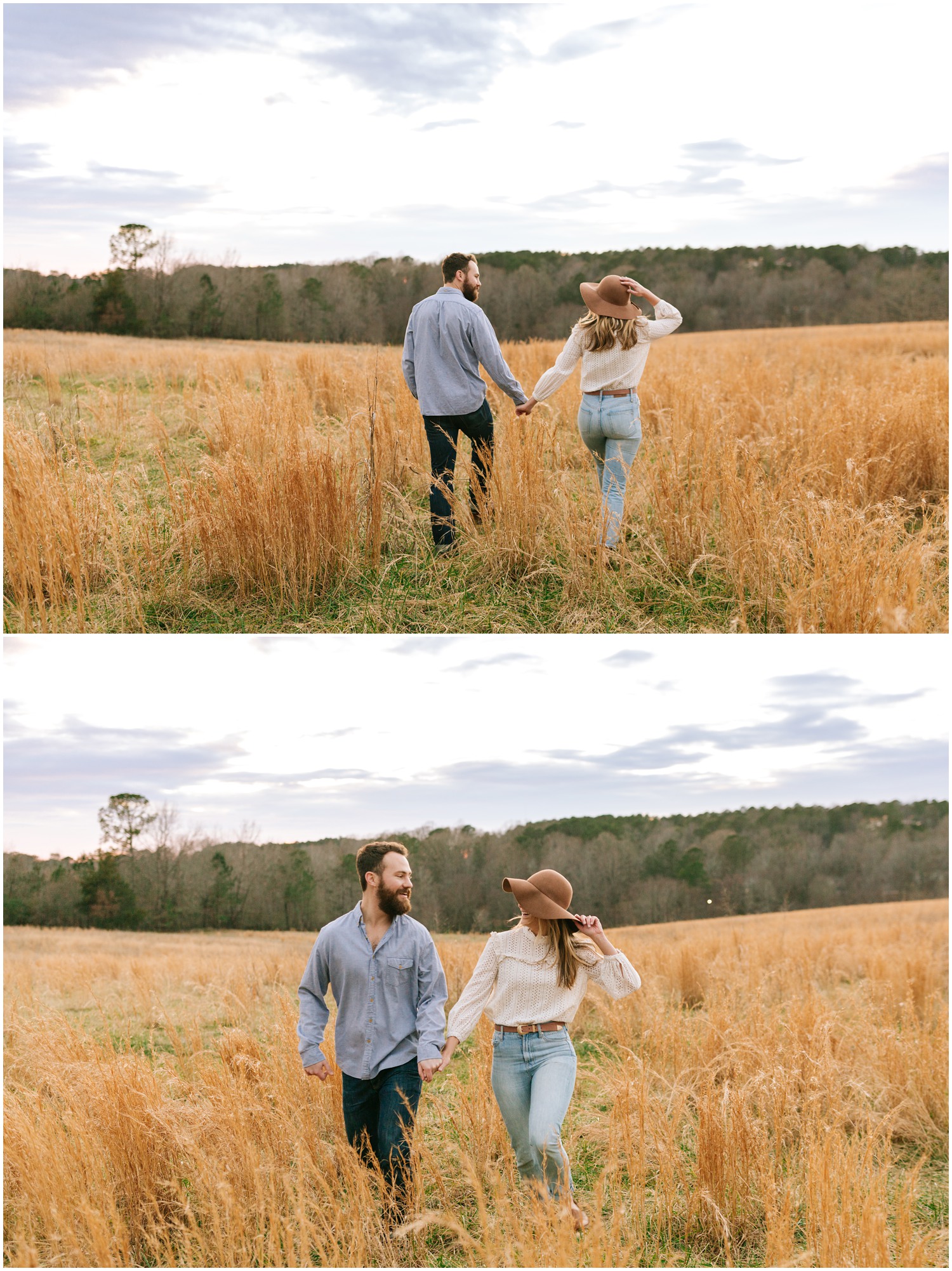 bride to be in floppy hat holds hands with groom in field during Raleigh NC engagement session