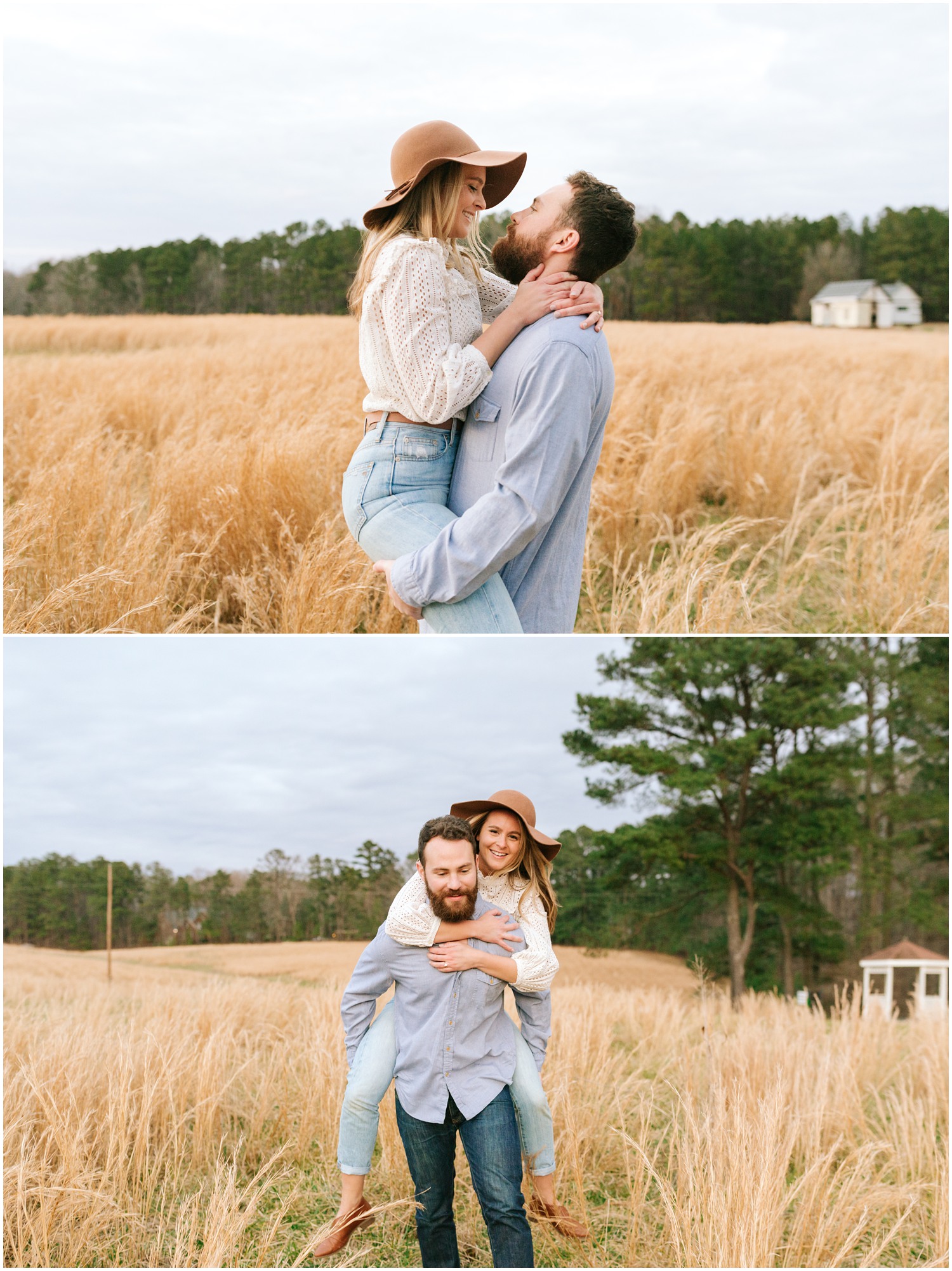 groom lifts bride-to-be during NC engagement portraits