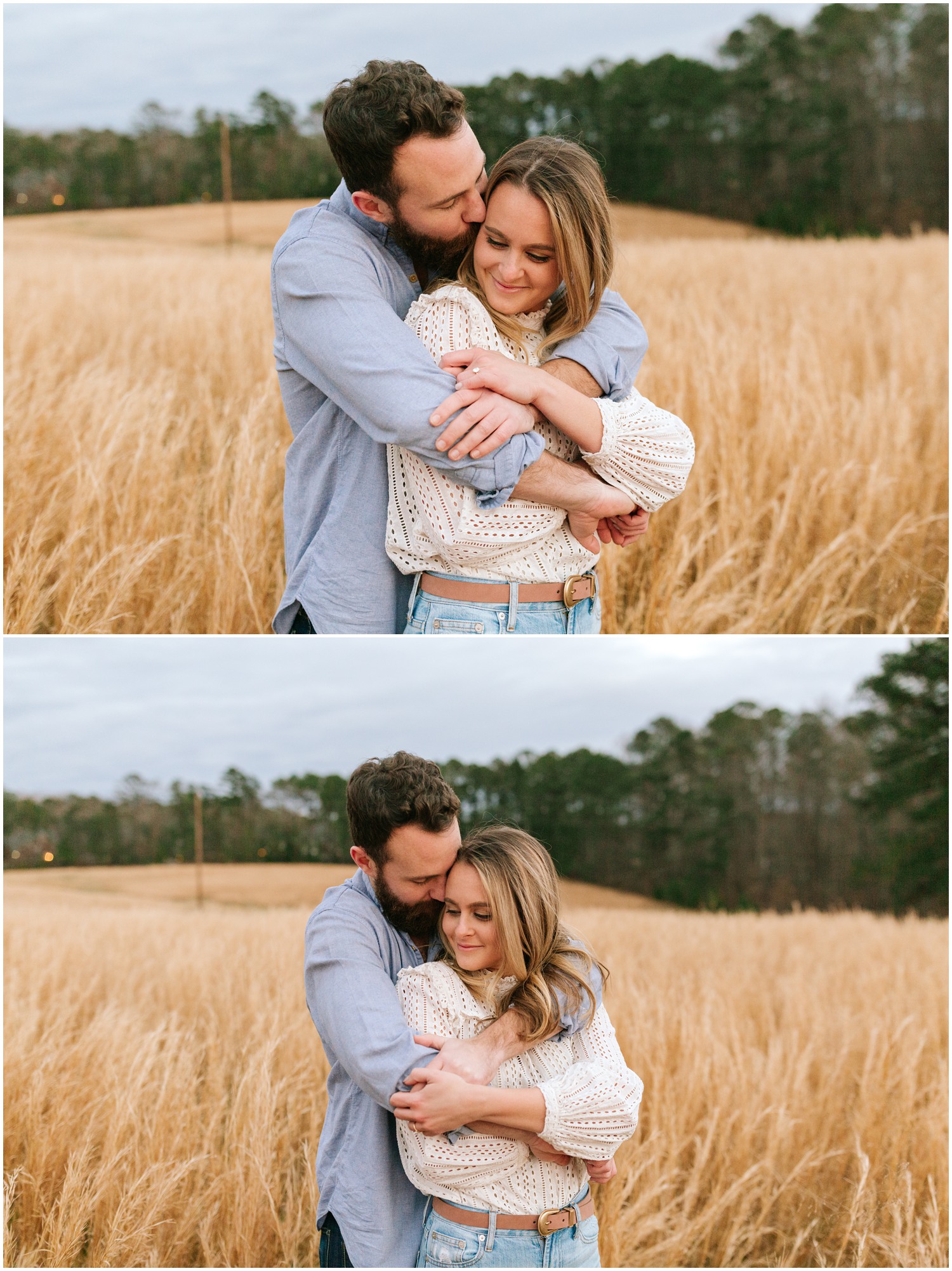 groom to be holds bride to be during engagement portraits in North Carolina