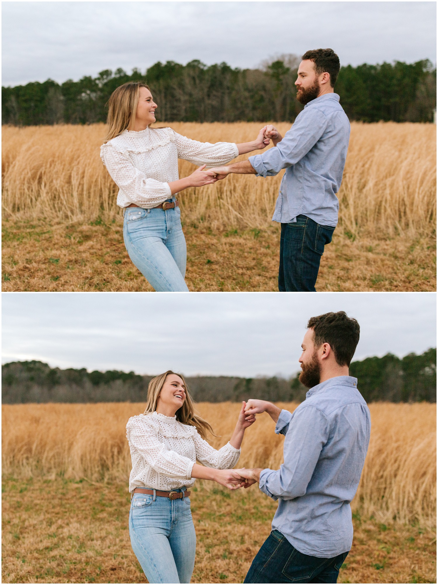 The Meadows Raleigh engagement portraits with couple dancing