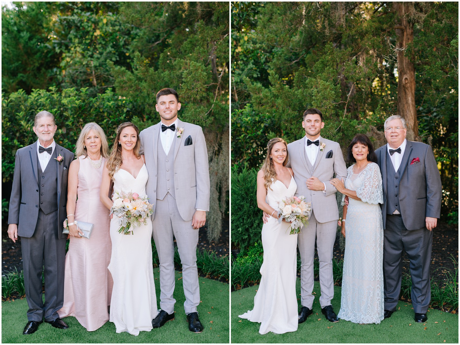 bride and groom pose with family at Wrightsville Manor