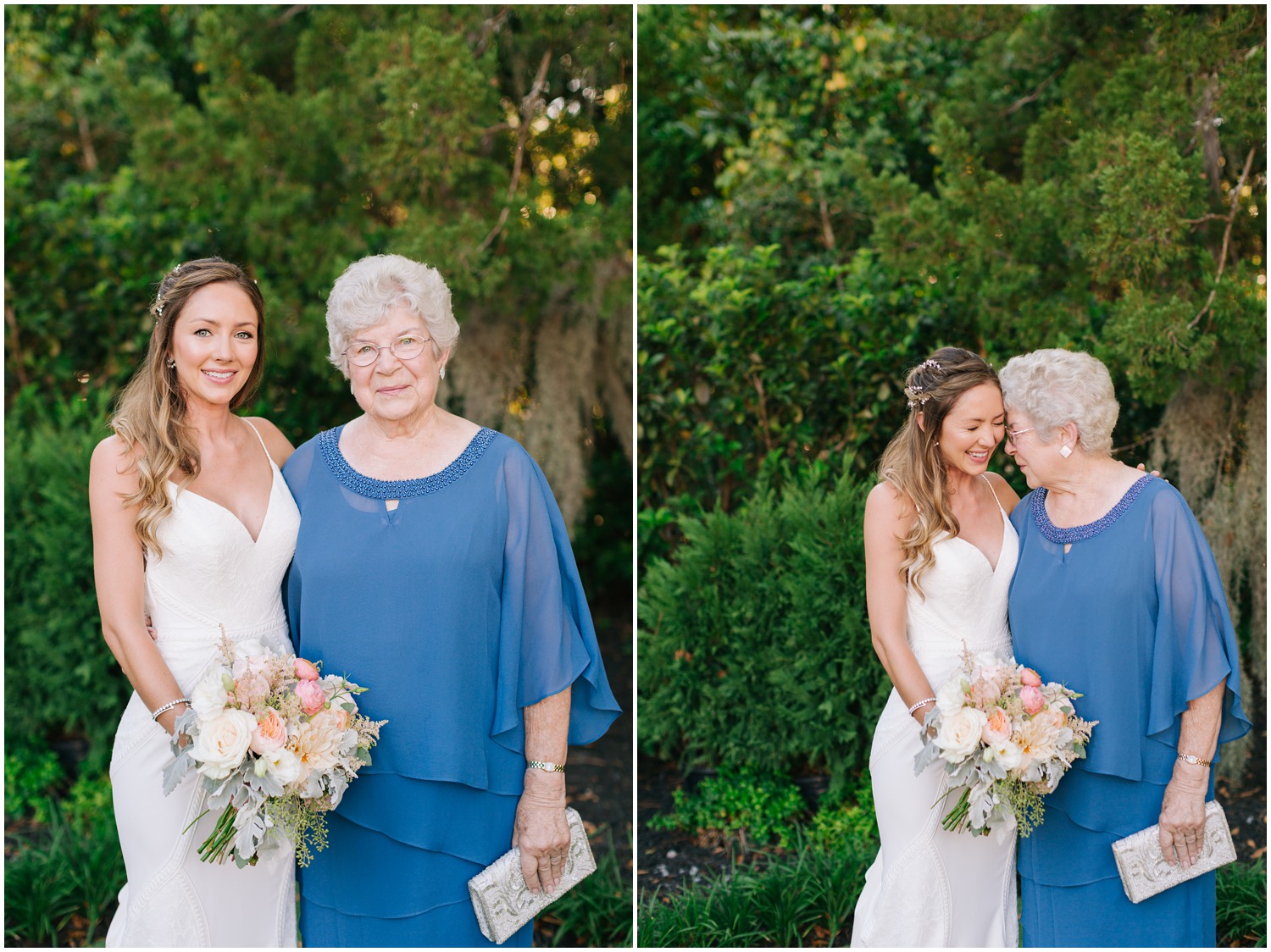 bride poses with grandmother during family photos at Wrightsville Manor