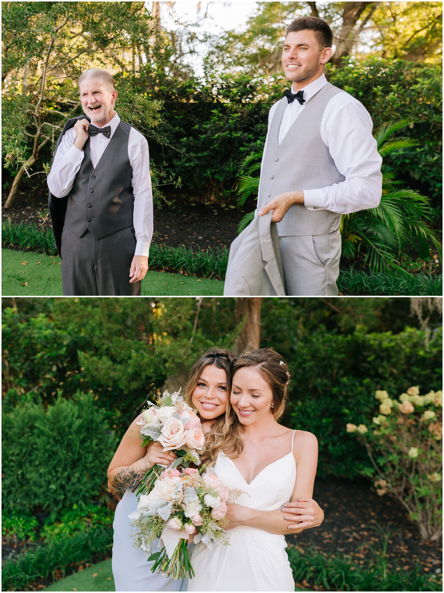 groom talks with father-in-law and bride hugs bridesmaid during wedding photos