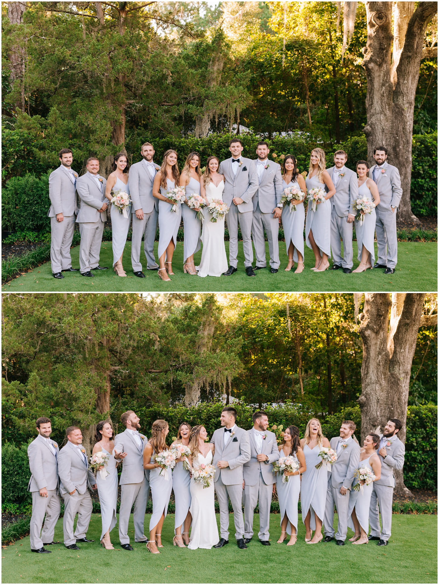 newlyweds pose with bridal party in grey suits and blue dresses