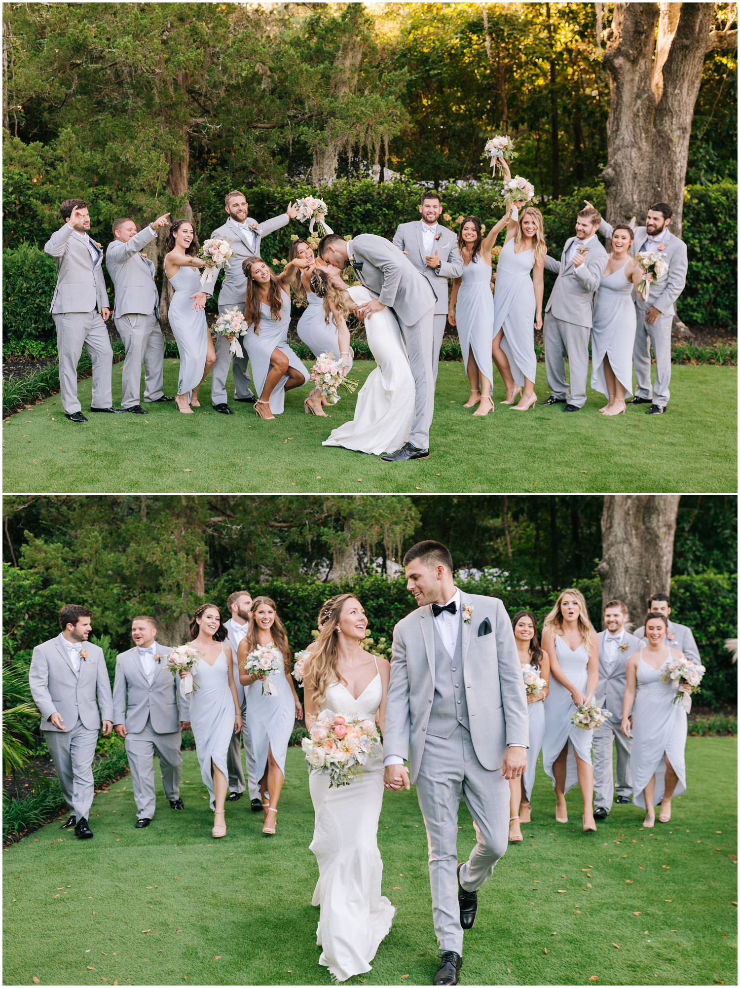 Wrightsville Manor wedding portraits with wedding party in grey and blue