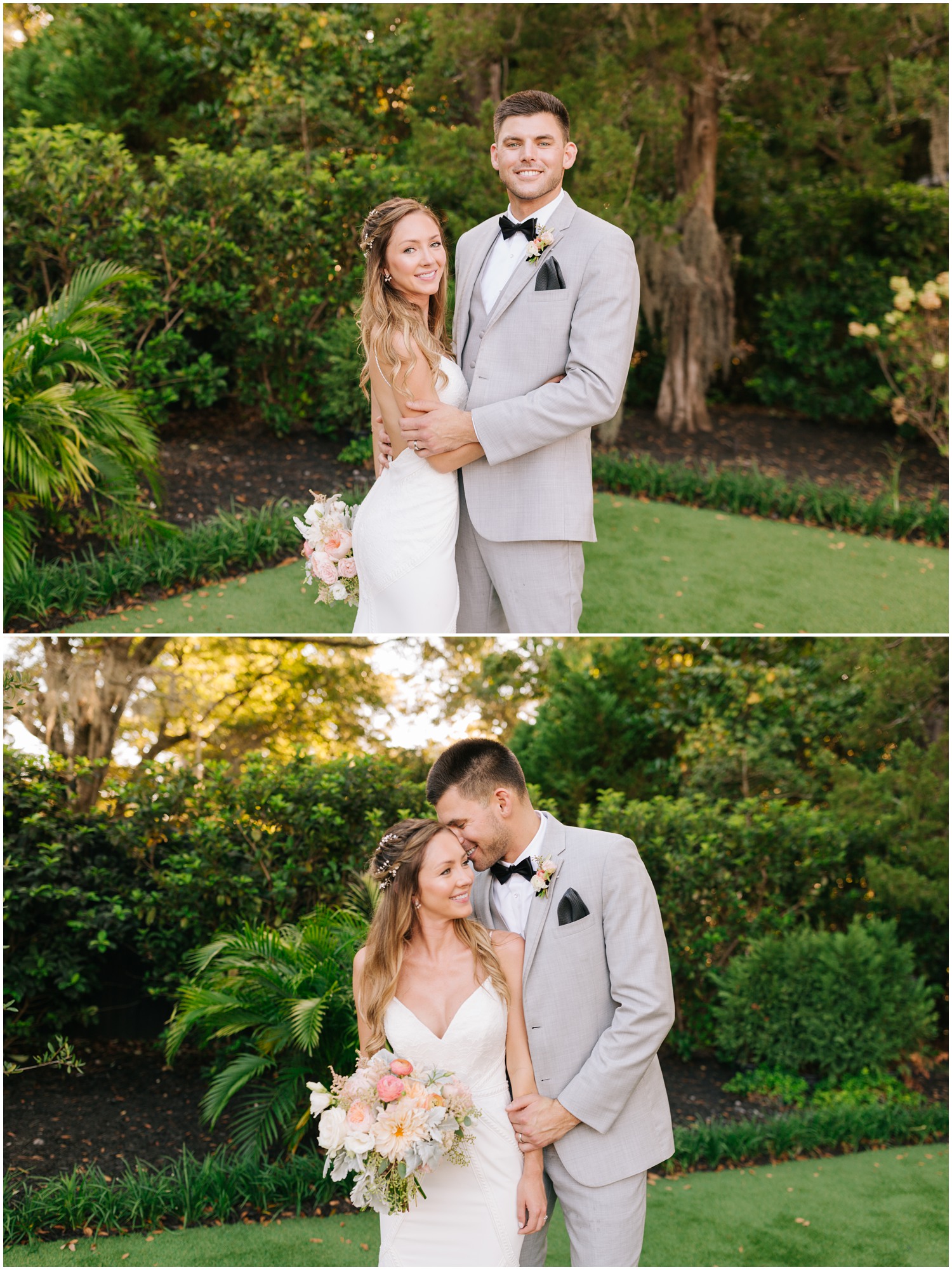 groom in grey suit nuzzles bride's hair during garden wedding photos