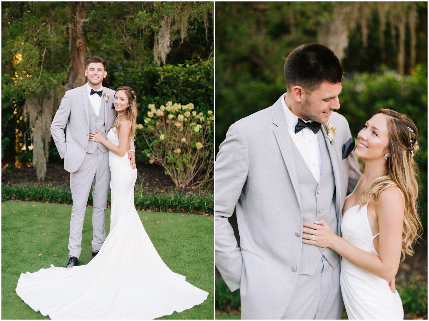 newlyweds pose in Wilmington NC gardens