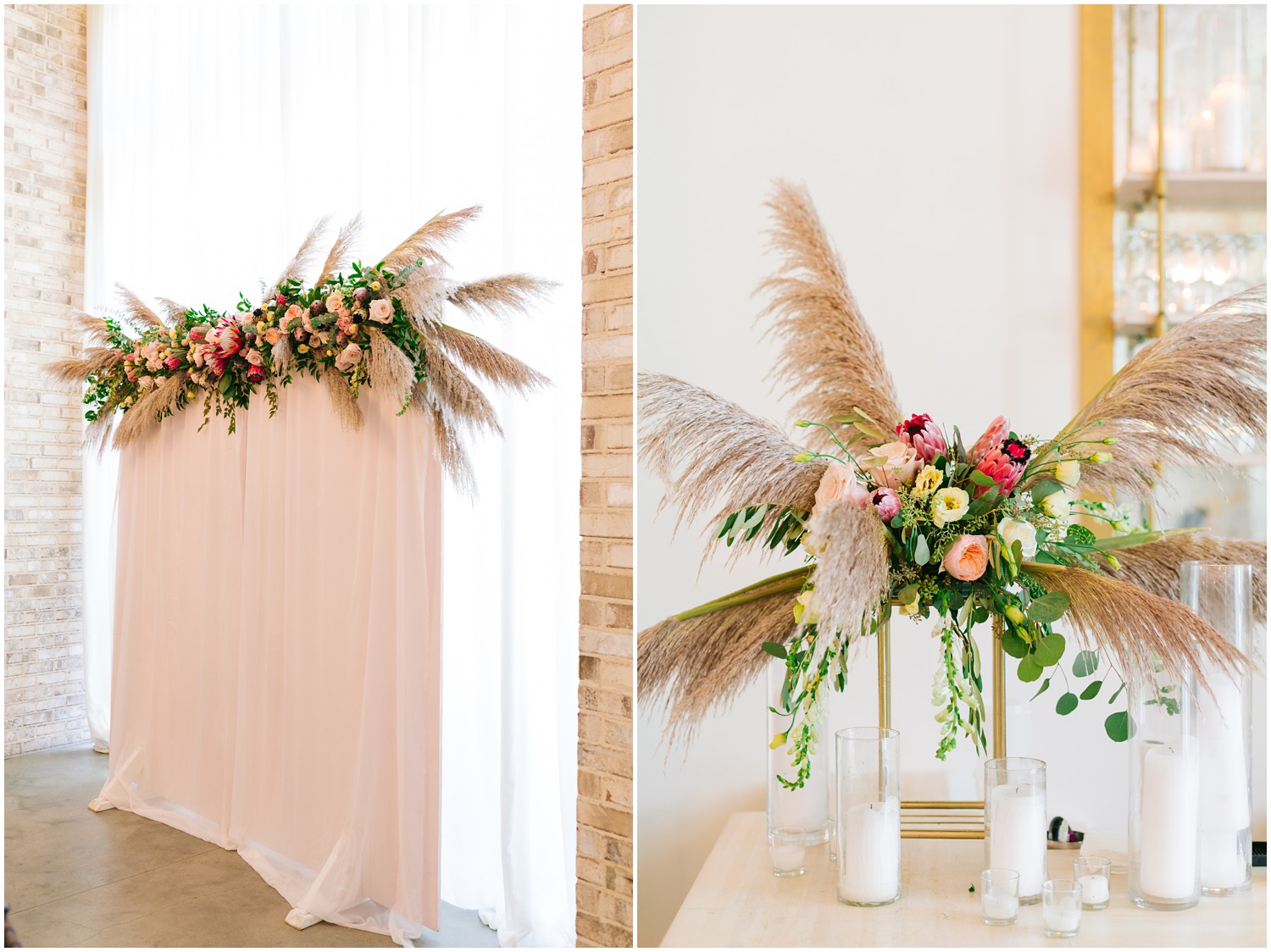 modern floral and feather wedding reception pieces