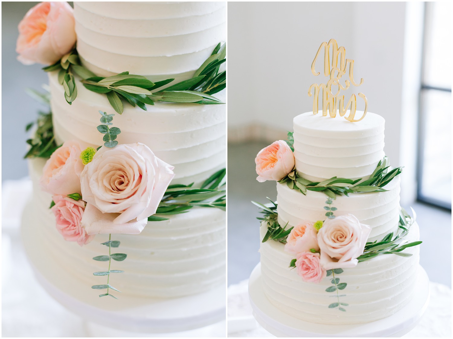 tiered wedding cake with pastel pink roses and greenery