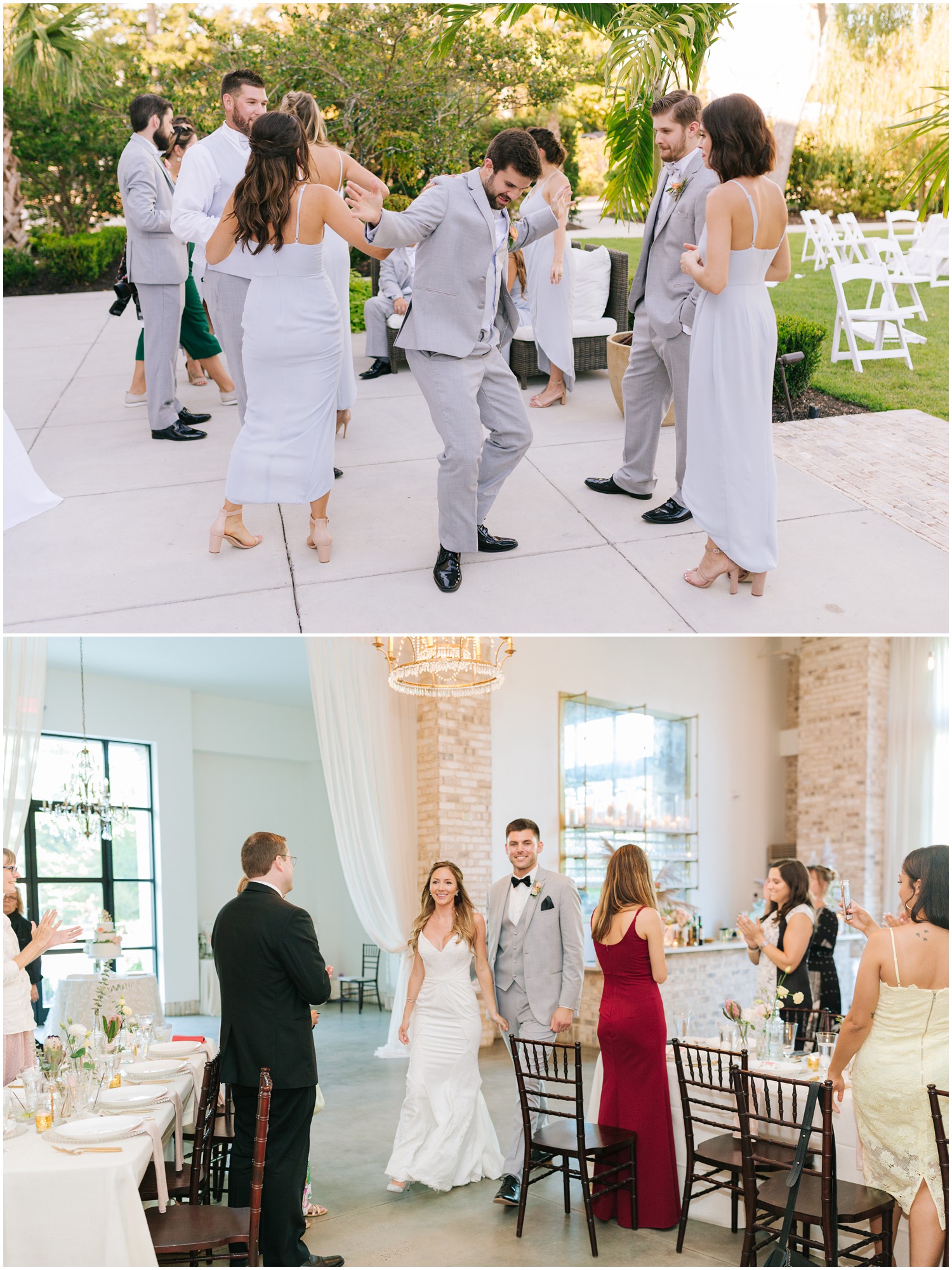 bridal party dances during cocktail hour outside Wrightsville Manor