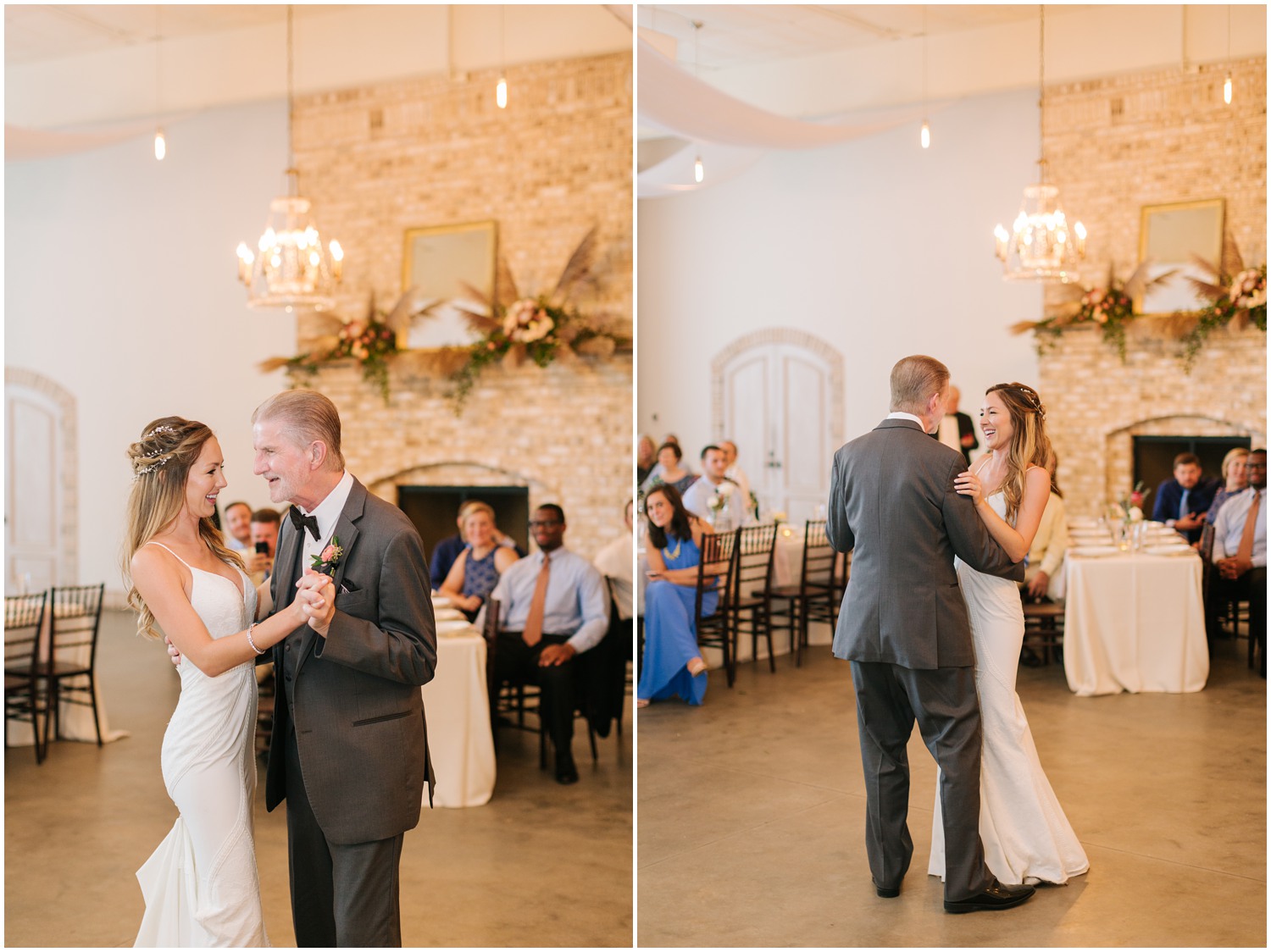 bride dances with father while laughing during Wrightsville Manor wedding reception