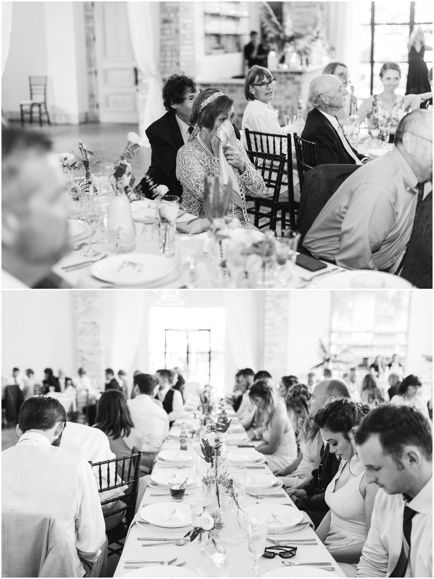 moment of prayer during wedding reception in Wilmington NC