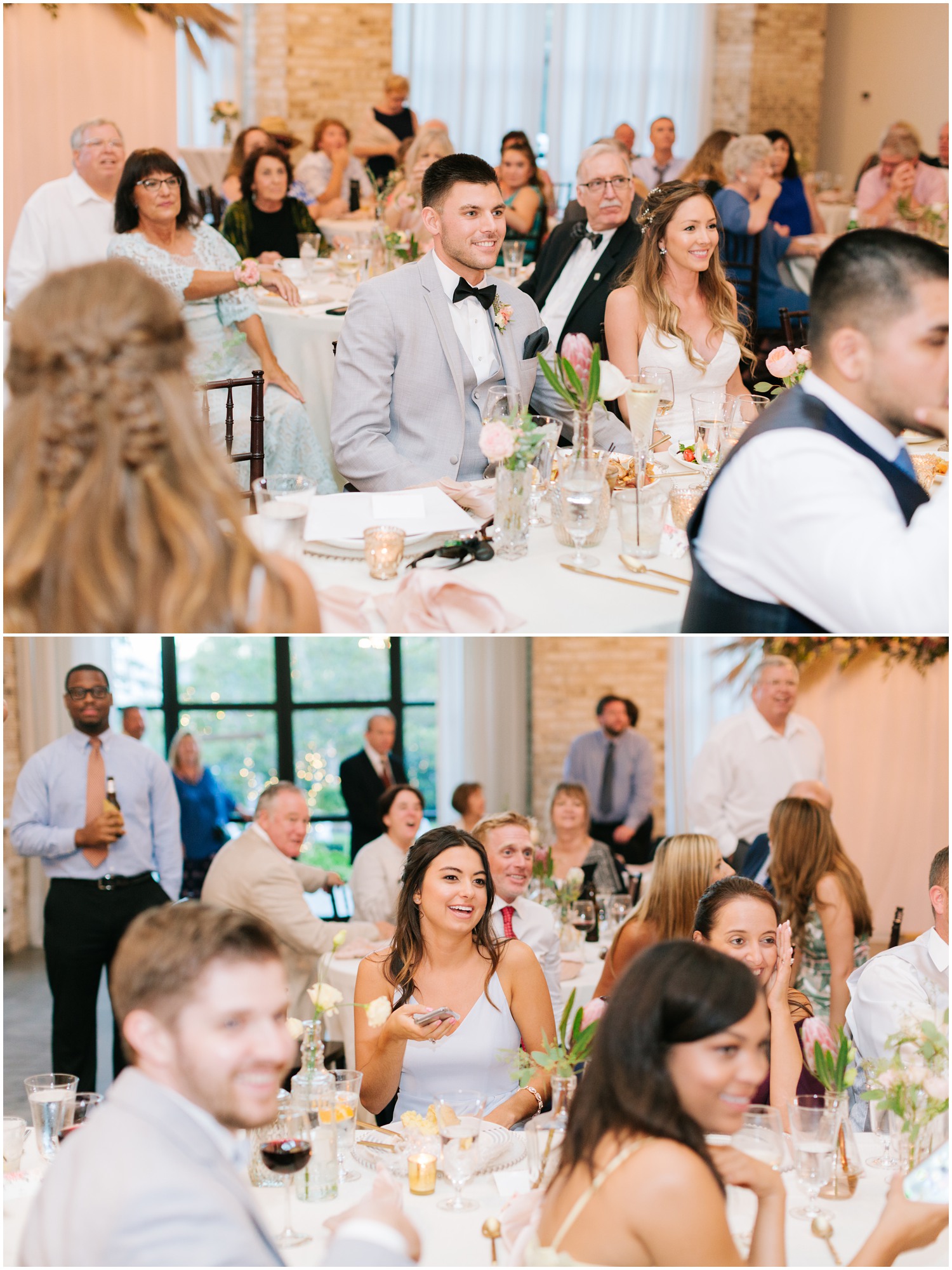 newlyweds listen to wedding toasts during Wrightsville Manor reception