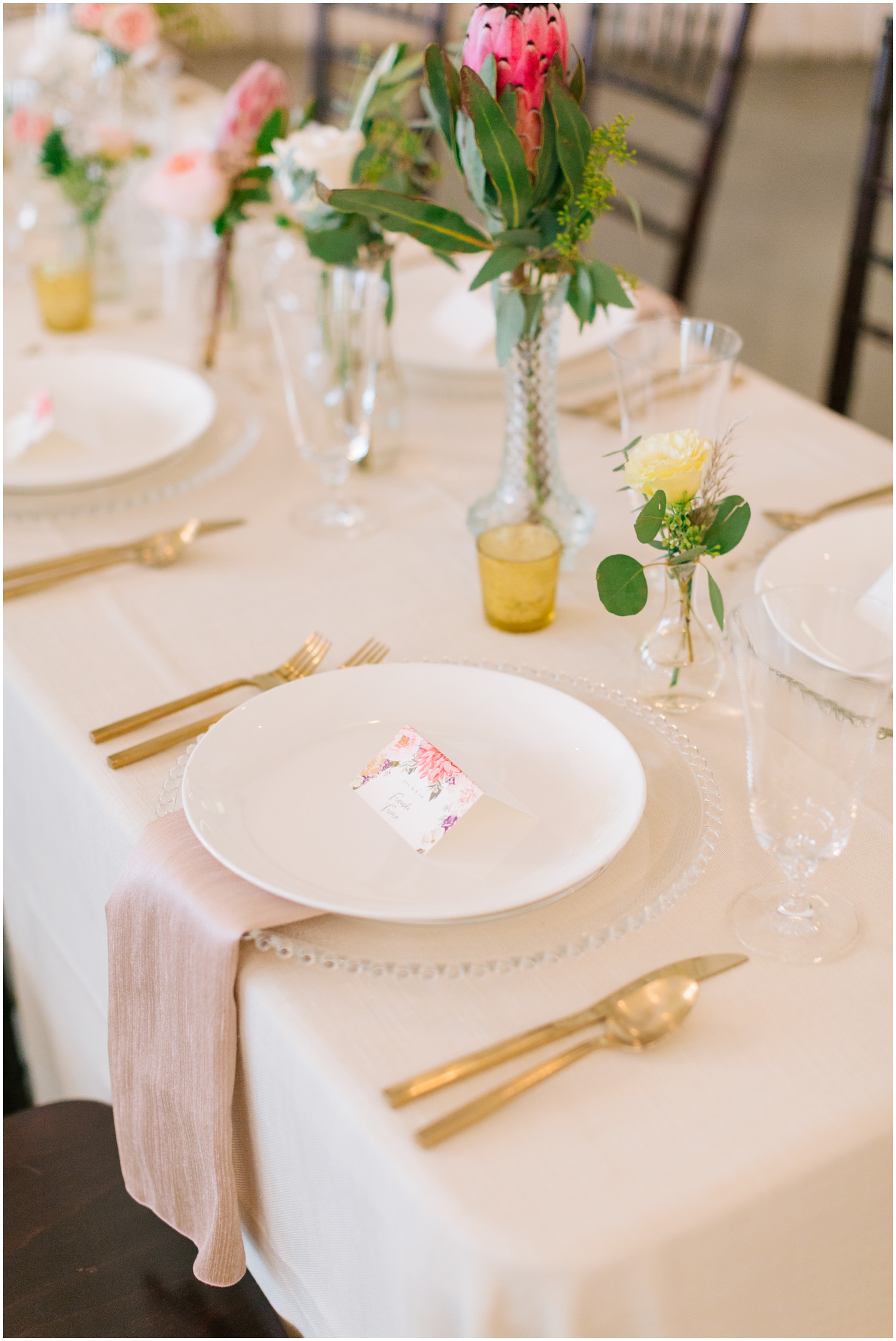 elegant pink and gold place settings for Wrightsville Manor wedding reception