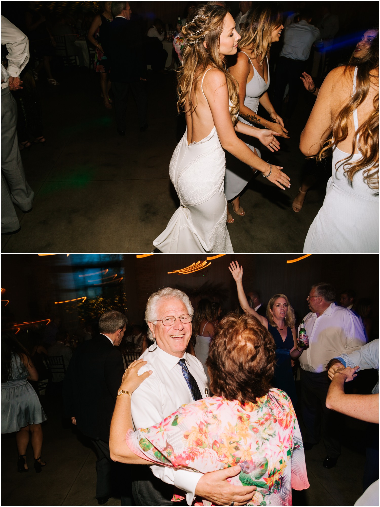 bride dances with bridesmaids during Wilmington NC wedding reception