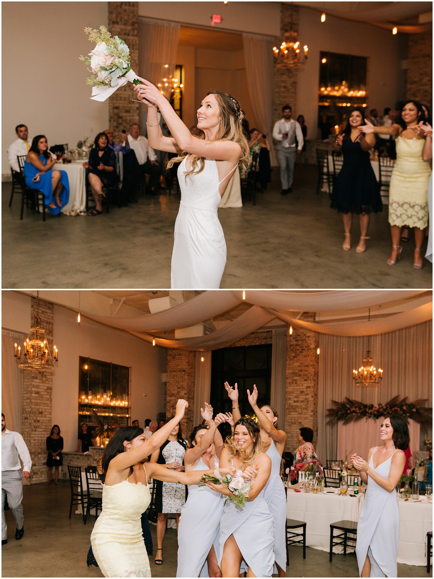 bride throws bouquet during Wrightsville Manor reception